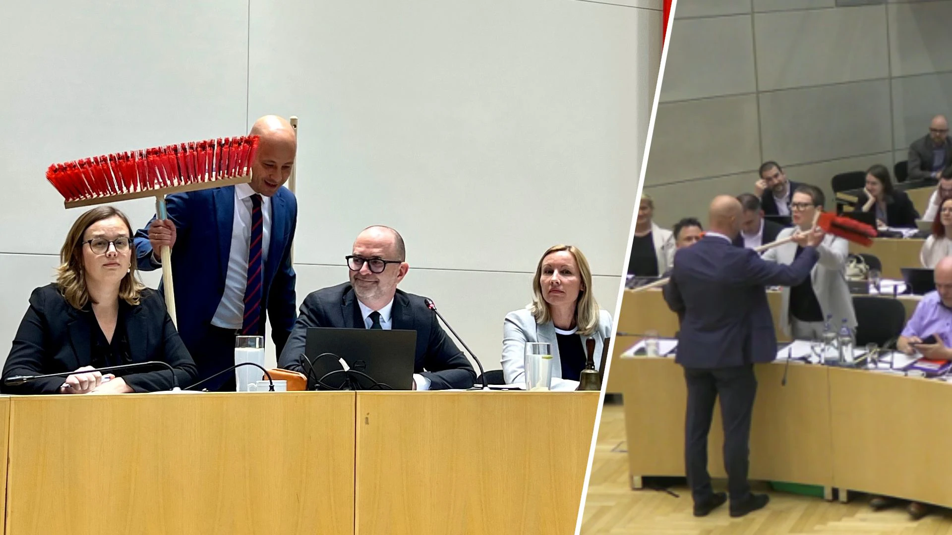 VP-Vbgm. Martin Hajart überreichte Bürgermeister Prammer (SPÖ) und Stadträtin Eva Schobesberger (Grüne) am Donnerstag jeweils einen Besen.
