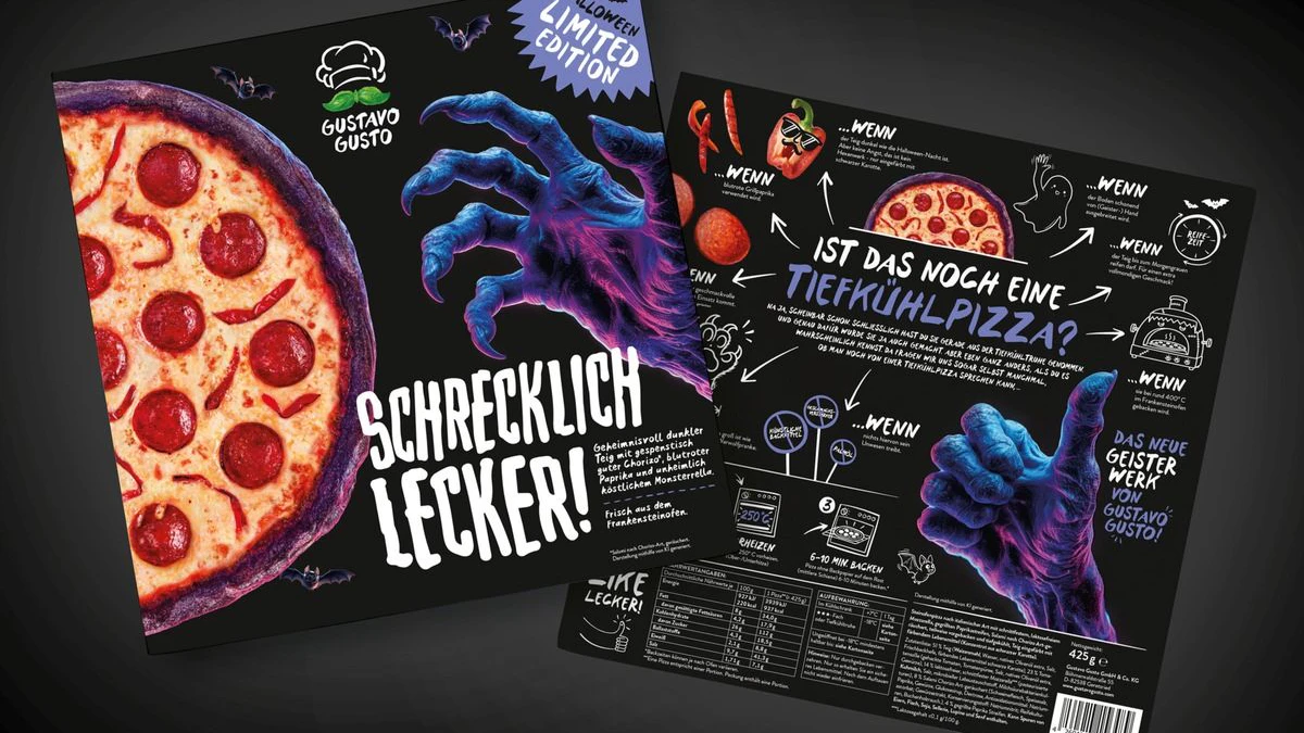 Packshot Vorder- und Rückseite der Halloween-Pizza © Gustavo Gusto / Weiterer Text über ots und www.presseportal.de/nr/132585 / Die Verwendung dieses Bildes für redaktionelle Zwecke ist unter Beachtung aller mitgeteilten Nutzungsbedingungen zulässig und dann auch honorarfrei. Veröffentlichung ausschließlich mit Bildrechte-Hinweis.