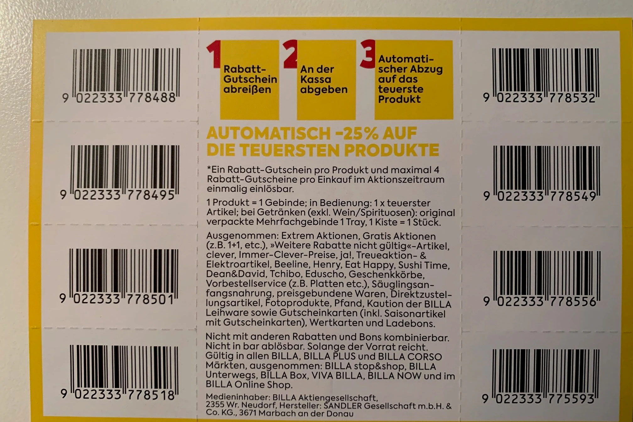 Für welche Produkte oder Linien die 25-Prozent-Rabatt-Bons nicht gelten, ist auf der Rückseite der Bögen abgedruckt