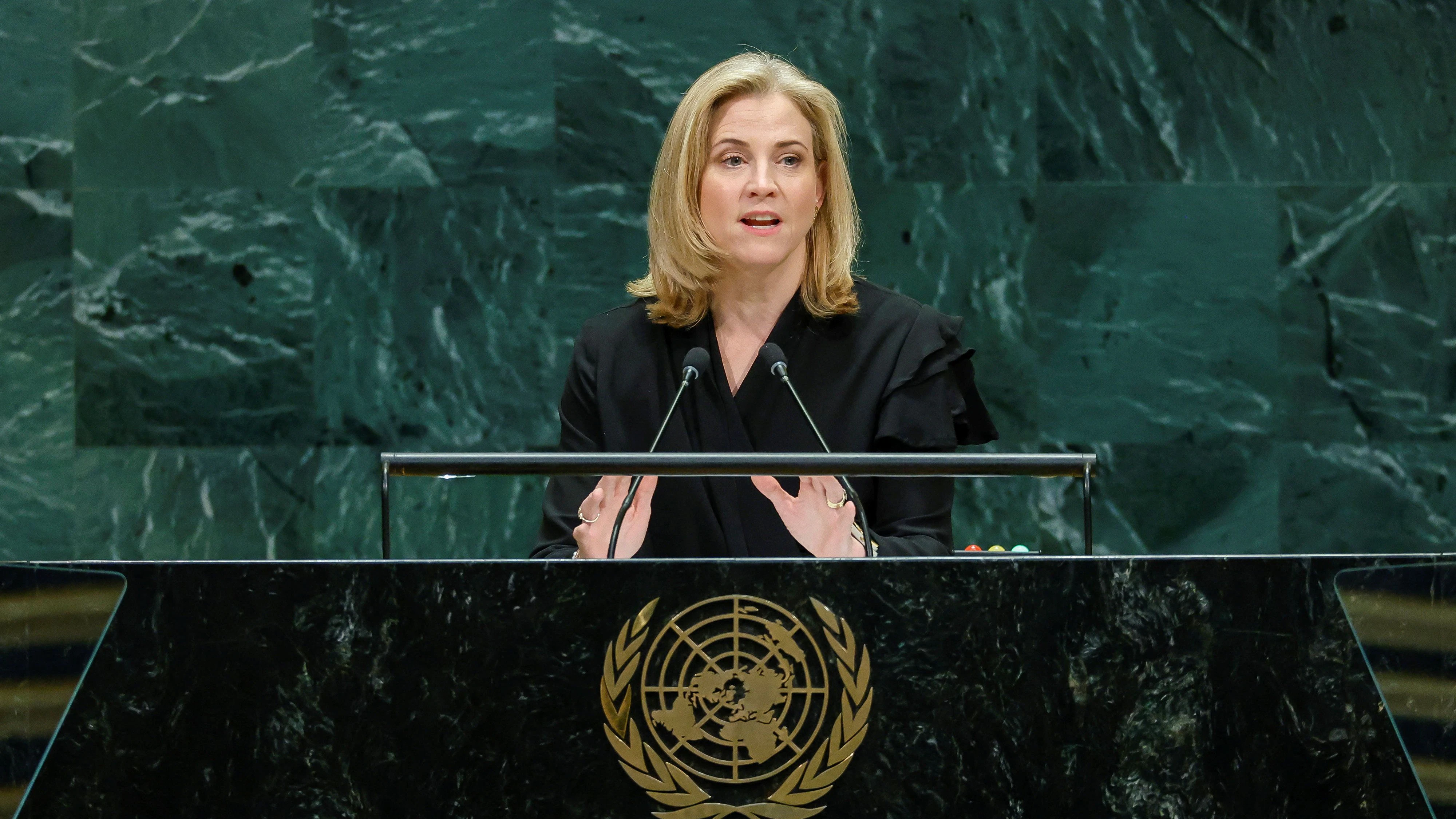 Austrian Foreign Minister Beate Meinl-Reisinger addresses the 81st United Nations General Assembly at UN headquarters in New York City, US, September 24, 2026. REUTERS/Eduardo Munoz