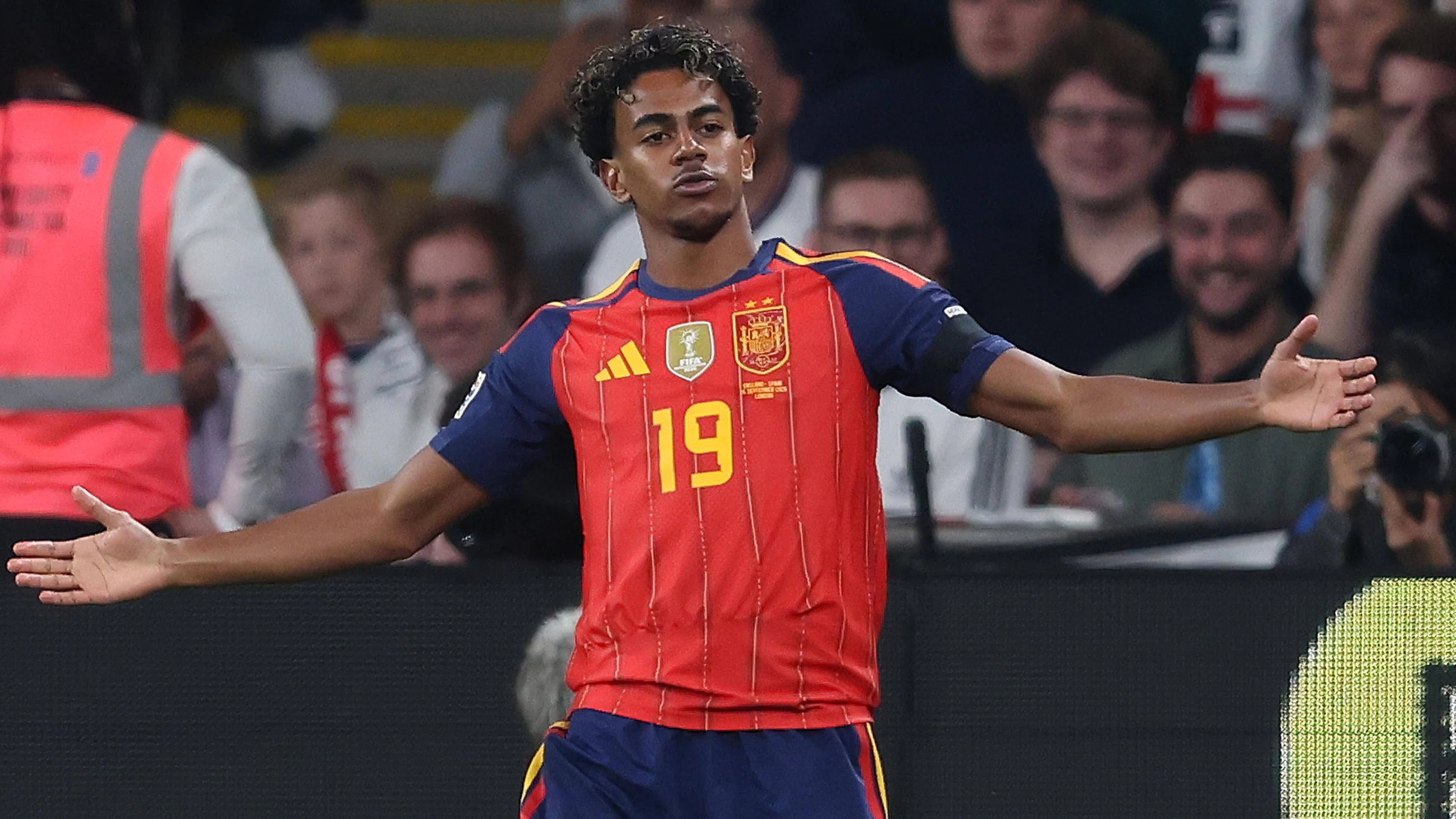 UEFA Nations League - England v Spain LONDON, ENGLAND, SEPTEMBER 26: GOAL 1-0, Lamine Yamal of Spain national team, Nationalteam goal celebration after scoring a goal to put Spain 1-0 ahead during The UEFA Nations League Group Stage match in Group C3 between England v Spain at Wembley Stadium, London, England, on September 26. Photo by Daniel Weir London Wembley Stadium England Copyright: xDanielxWeir/SportsxPressxPhotox Sportspressphoto_SPR240315
