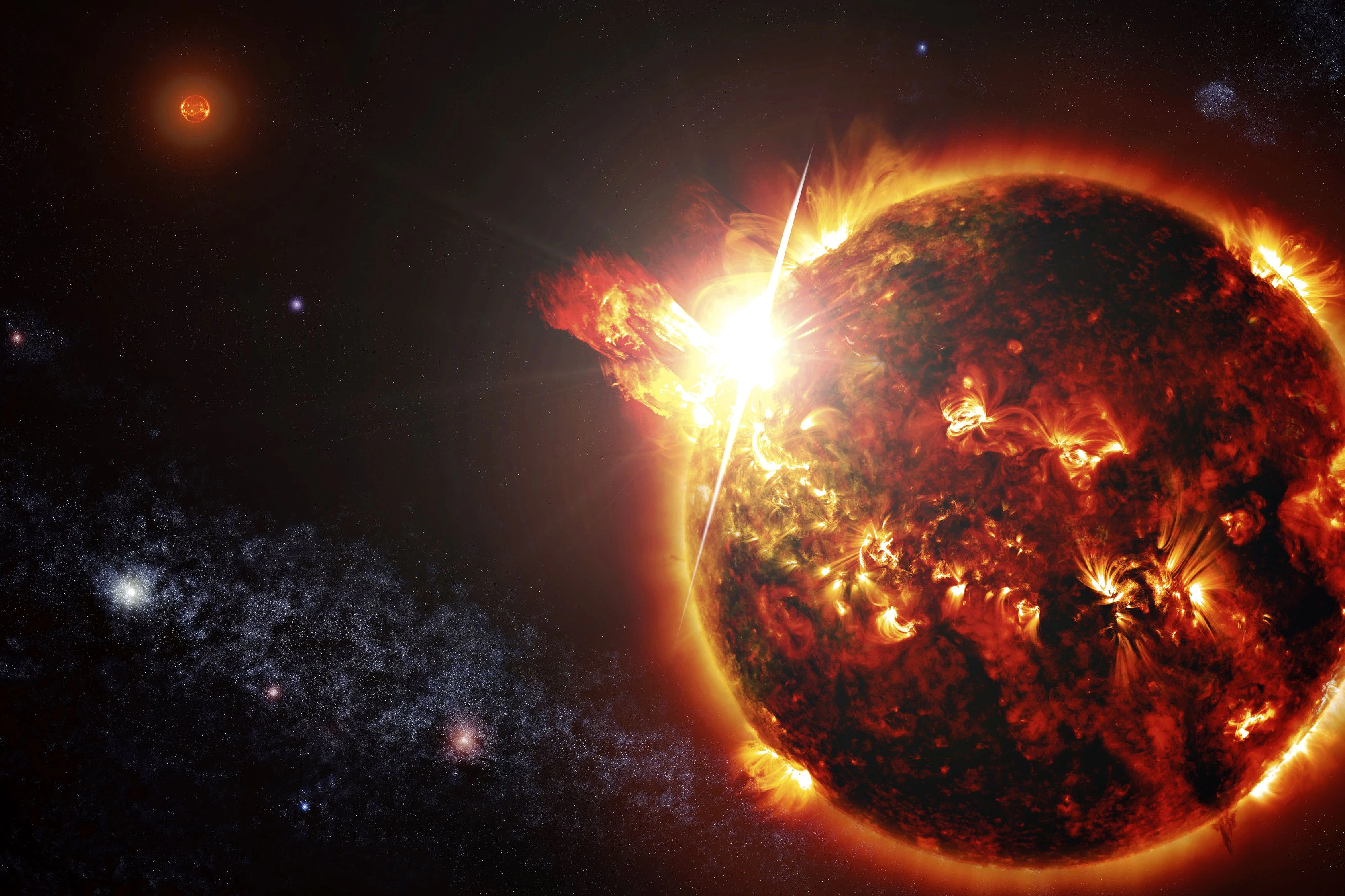 Stellare Eruption des Doppelsternsystems DG CV aus zwei Roten Zwergen in 59 Lichtjahren Entfernung: Das Swift-Gammastrahlentelekop lieferte die Daten für diese Illustration