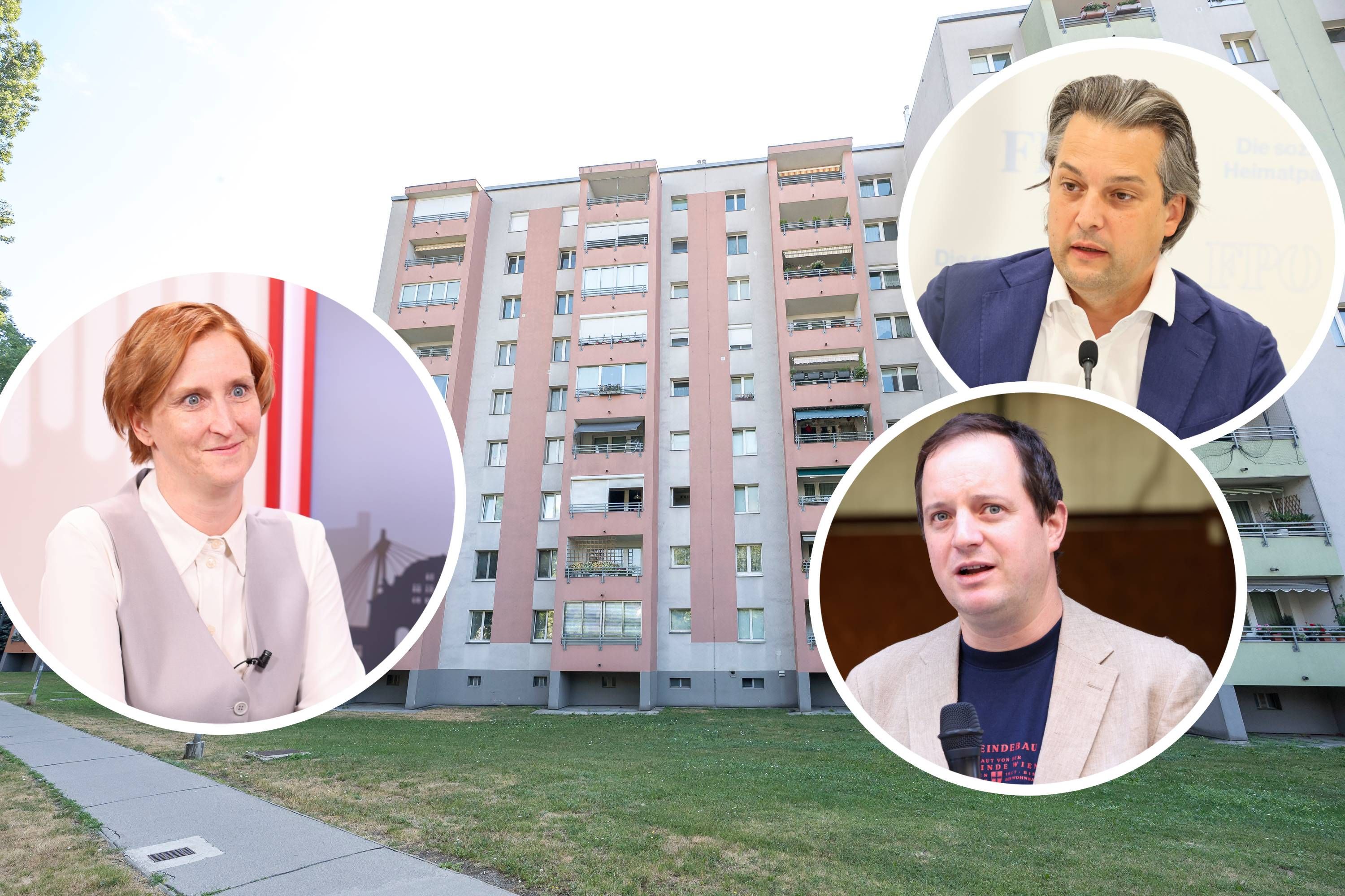 Georg Prack, Wohnsprecher der Grünen Wien (re. unten) und FPÖ-Wien-Parteichef Dominik Nepp (re. oben) üben Kritik an Wohnstadträtin Elke Hanel-Torsch (li.).