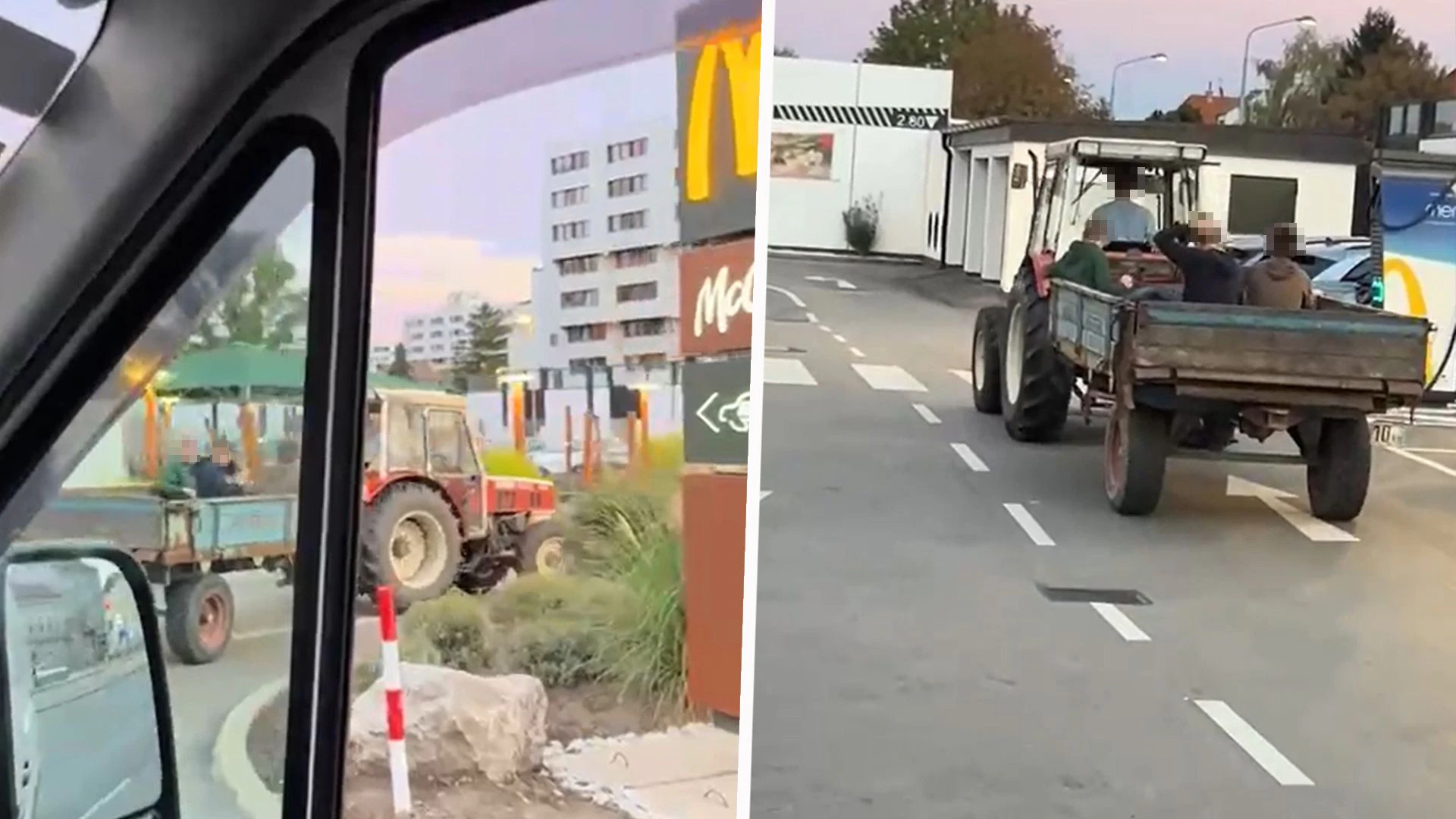 Kids im Anhänger – Traktor fährt in Wien durch McDrive