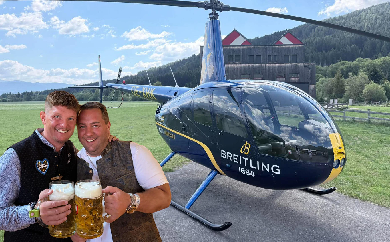 Thomas Morgenstern mit Manuel Aster: Der Breitling-Heli ist gestohlen worden. 