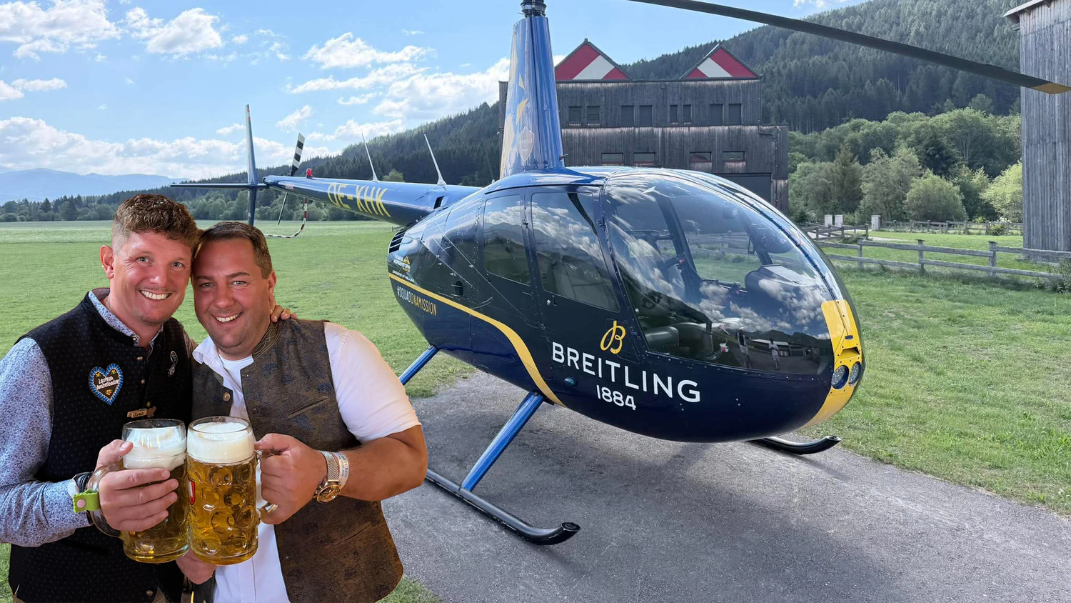 Thomas Morgenstern mit Manuel Aster: Der Breitling-Heli ist gestohlen worden. 