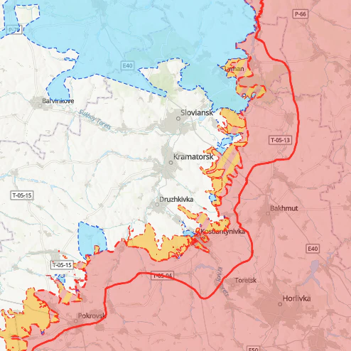 Lyman liegt nördlich des Festungsgürtels der Städte Druschkiwka–Kramatorsk–Slowjansk. Die Grafik zeigt den ungefähren Frontverlauf in dieser Region.