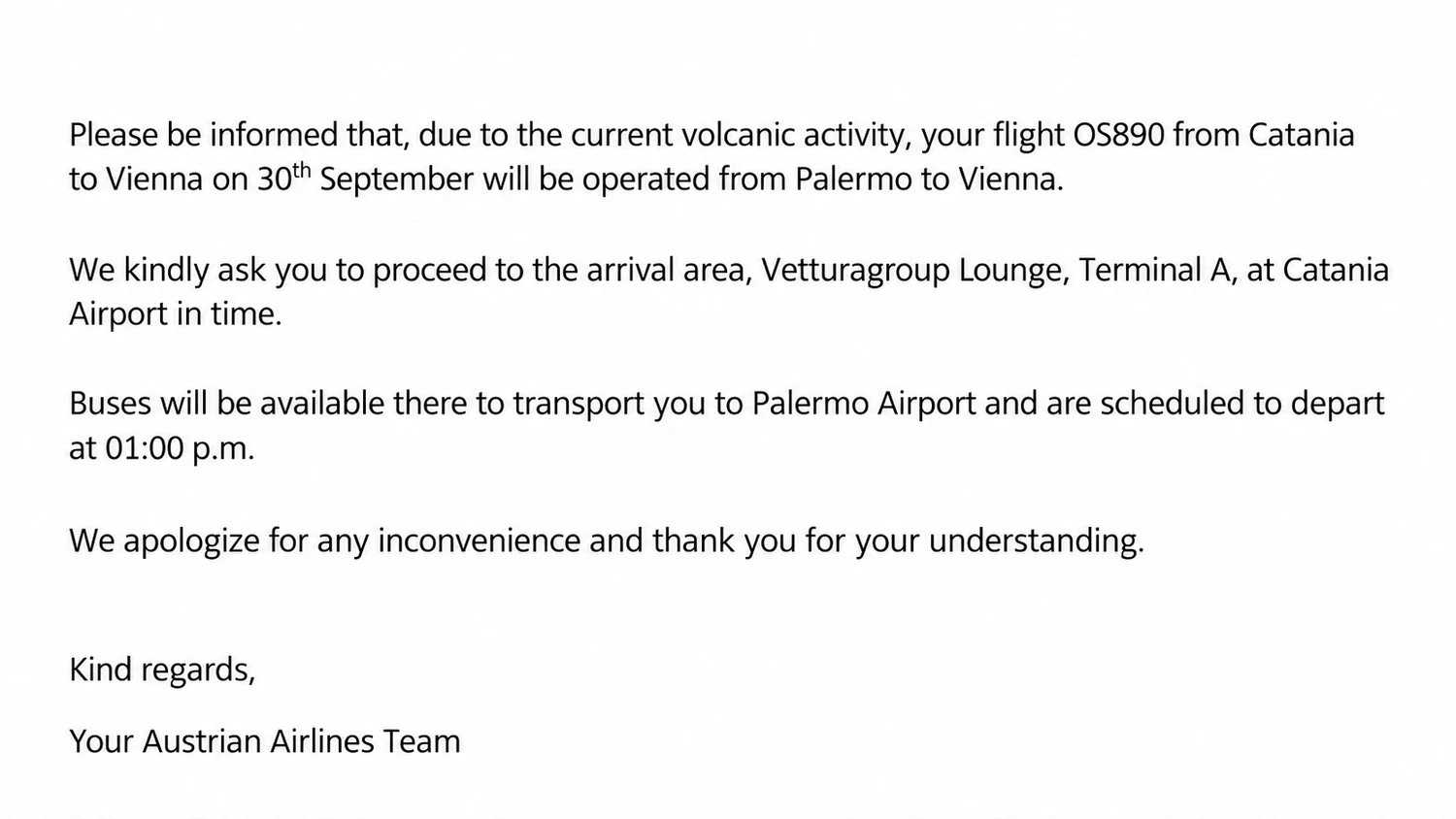 Mit diesem Schreiben wurden die Passagiere über die Flugverschiebung informiert. 