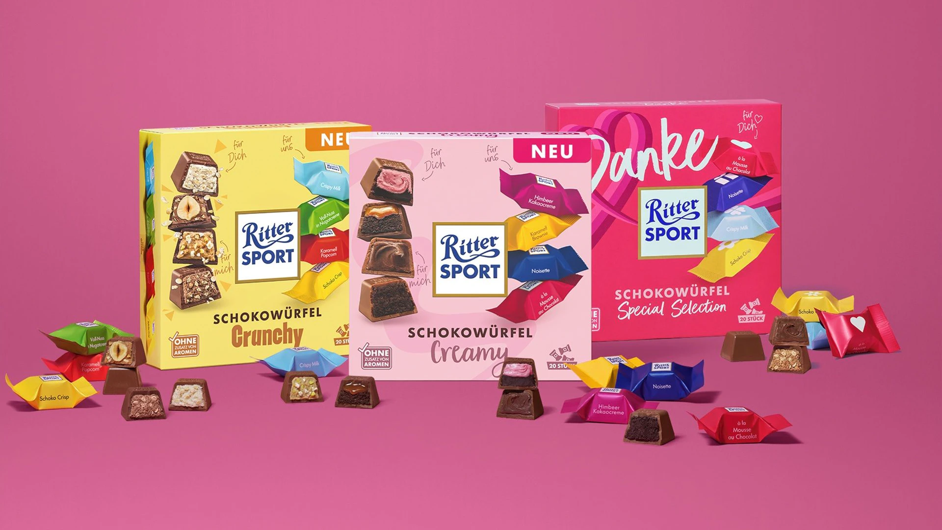 Die neuen RITTER SPORT SchokowürfelCreamy, Crunchy und Danke Special Selection ab September 2026 im österreichischen Handel erhältlich