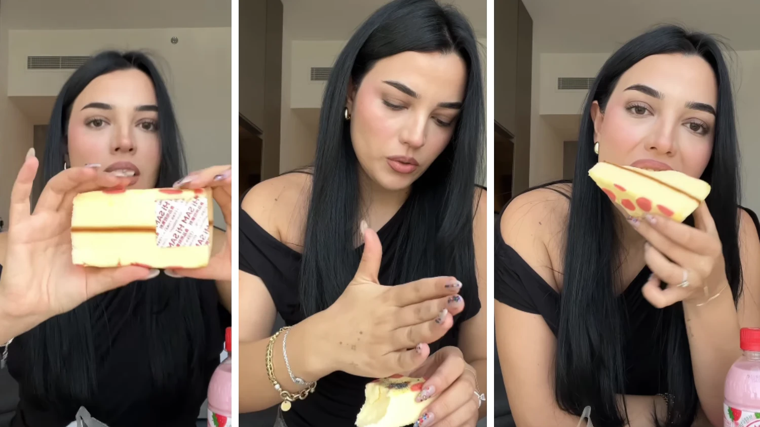 Influencerin probiert Kuche, ignoriert Warnhinweis.