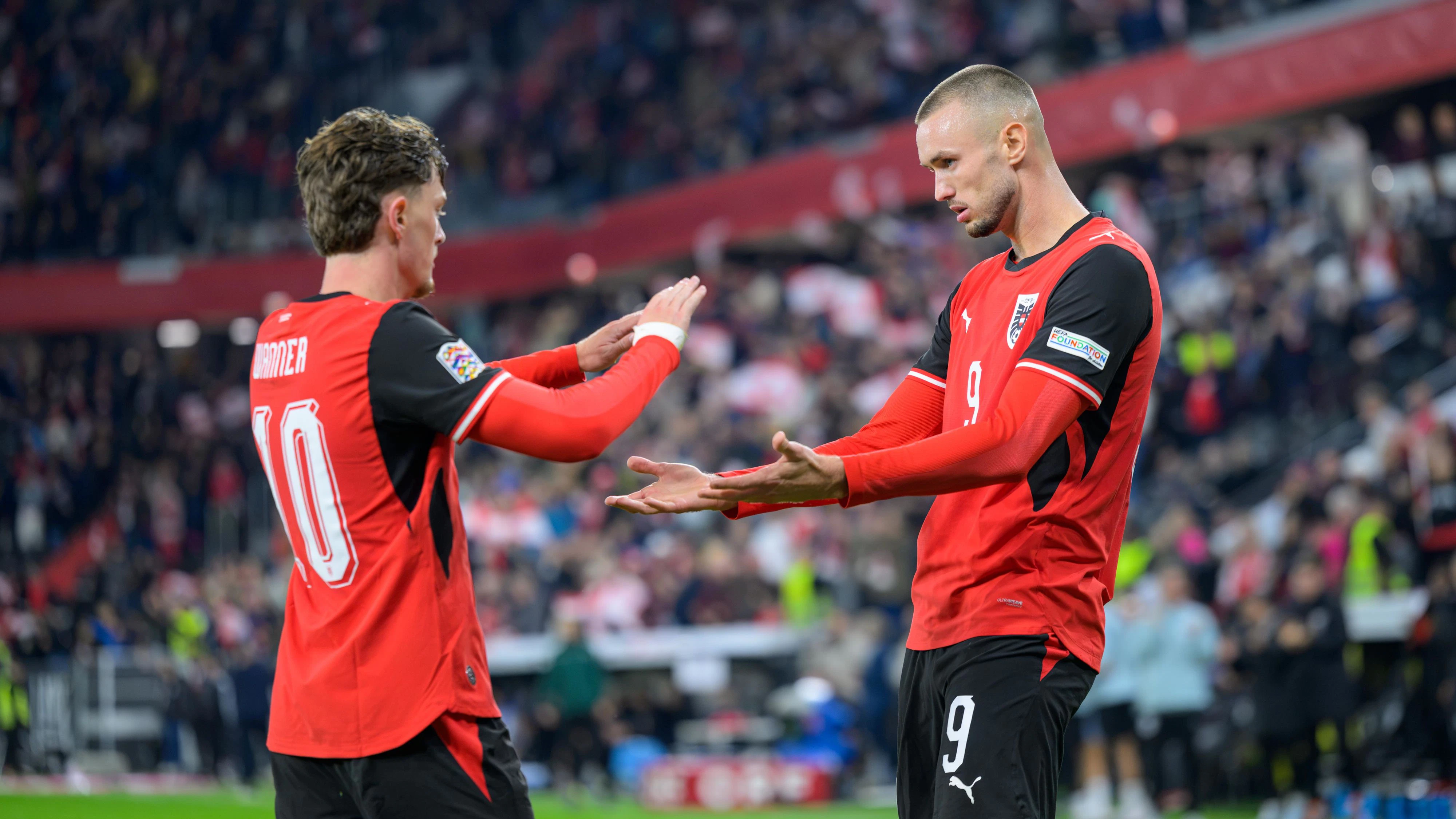 LINZ,AUSTRIA,24.SEP.26 - SOCCER - UEFA Nations League, group stage, OEFB international match, Austria vs Israel. Image shows the rejoicing of Paul Wanner and Sasa Kalajdzic (AUT). Photo: GEPA pictures/ Daniela Moser