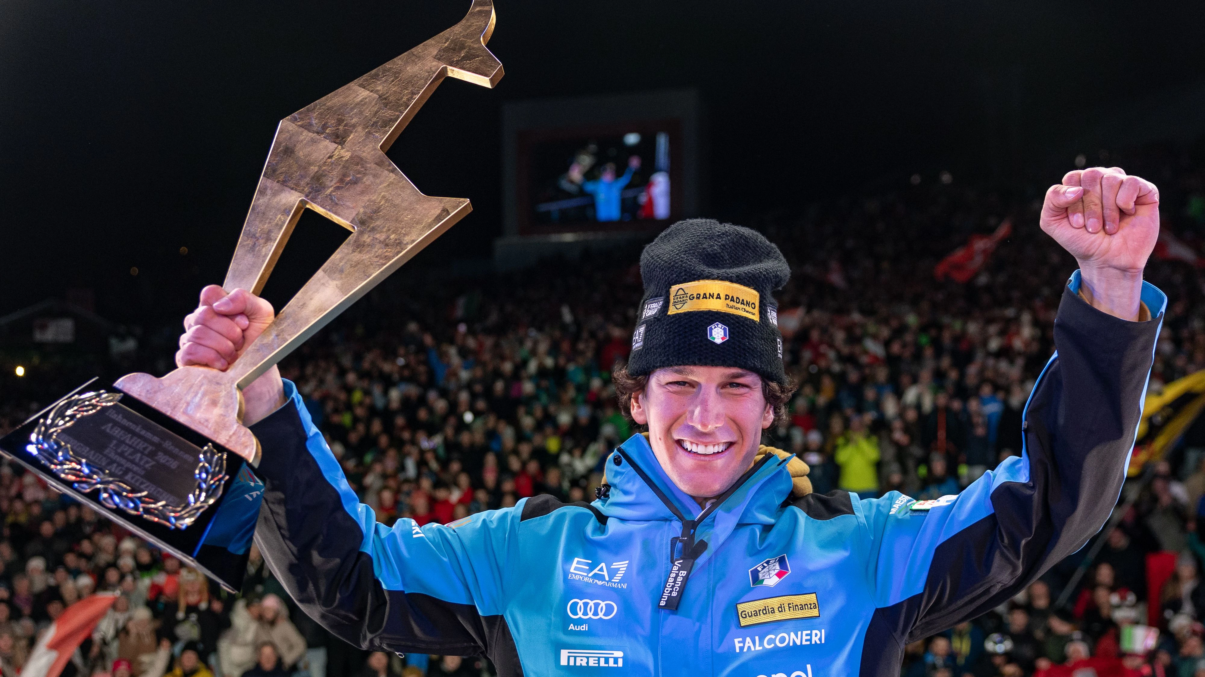 KITZBUEHEL,AUSTRIA,24.JAN.26 - ALPINE SKIING - FIS World Cup, Hahnenkamm-race, downhill, men, award ceremony. Image shows the rejoicing of Giovanni Franzoni (ITA). Photo: GEPA pictures/ KSC/ EXPA/ Johann Groder - FOR EDITORIAL USE ONLY