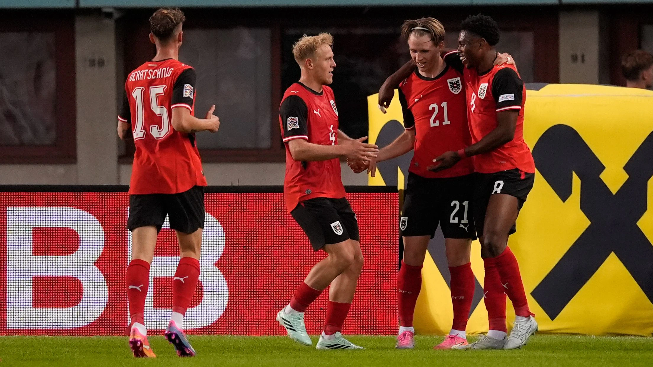 VIENNA,AUSTRIA,27.SEP.26 - SOCCER - UEFA Nations League, OEFB international match, Austria vs Kosovo. Image shows the rejoicing of Nikolas Veratschnig, Xaver Schlager, Patrick Wimmer and Junior Adamu (AUT). Photo: GEPA pictures/ Kevin Kada