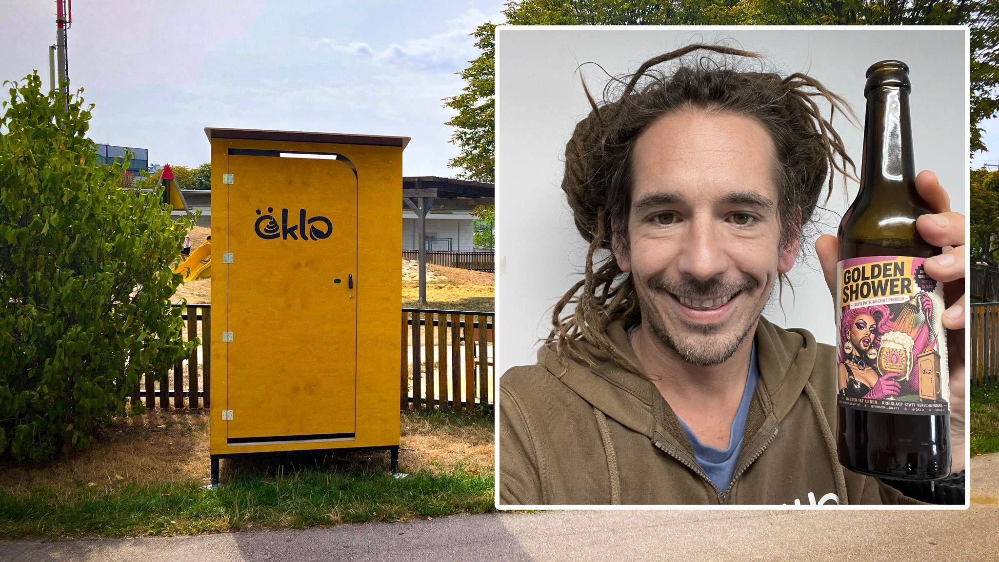 Öklo-Geschäftsführer und Gründer Niko Bogianzidis mit dem Bier "Golden Shower"