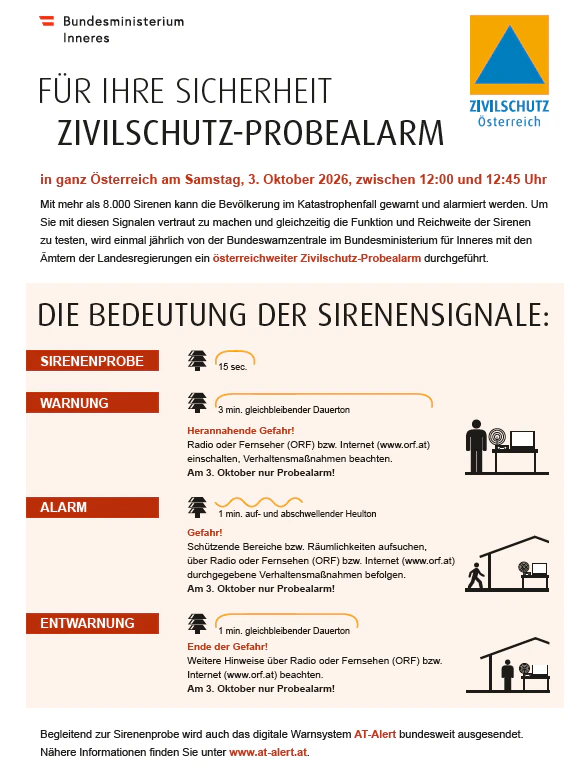 Zivilschutz-Probealarm mittels AT-Alert und Sirene