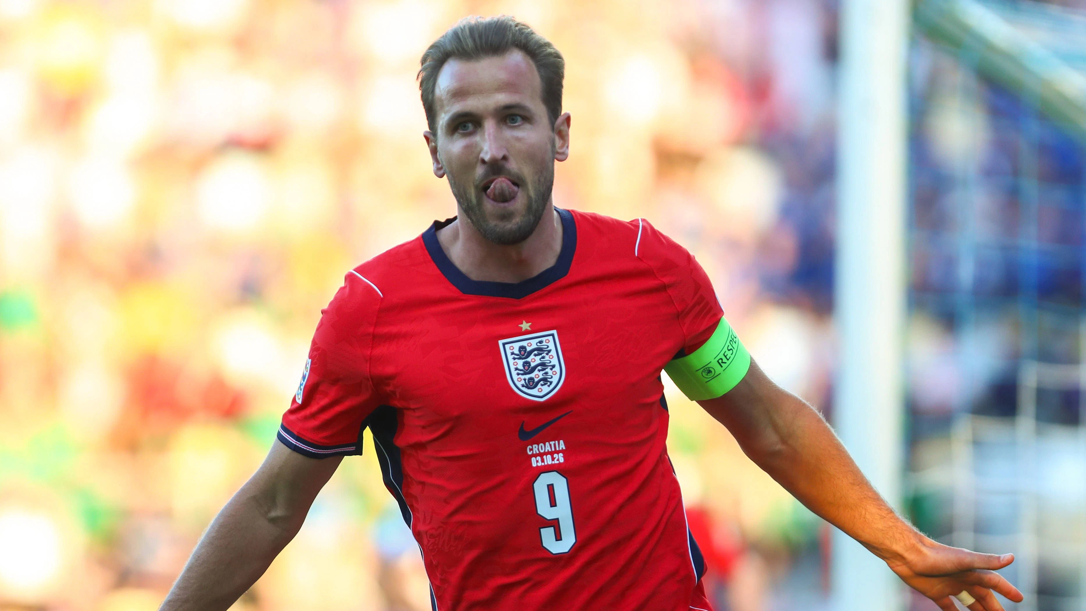 Rijeka, Croatia, 3rd October 2026. UEFA Nations League. Matchday 3, Group A3. Croatia v England at Rujevica, Rijeka. Harry KANE 9 celebrating goal. Croatia v England, UEFA Nations League. PUBLICATIONxNOTxINxCRO