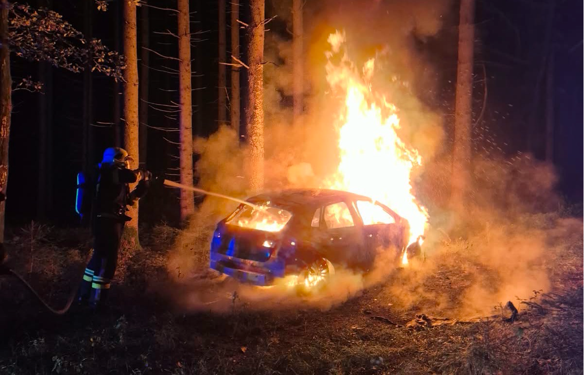 In Pinnersdorf stand Montagfrüh ein Pkw mitten im Wald in Vollbrand. 