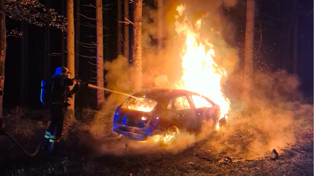 In Pinnersdorf stand Montagfrüh ein Pkw mitten im Wald in Vollbrand. 