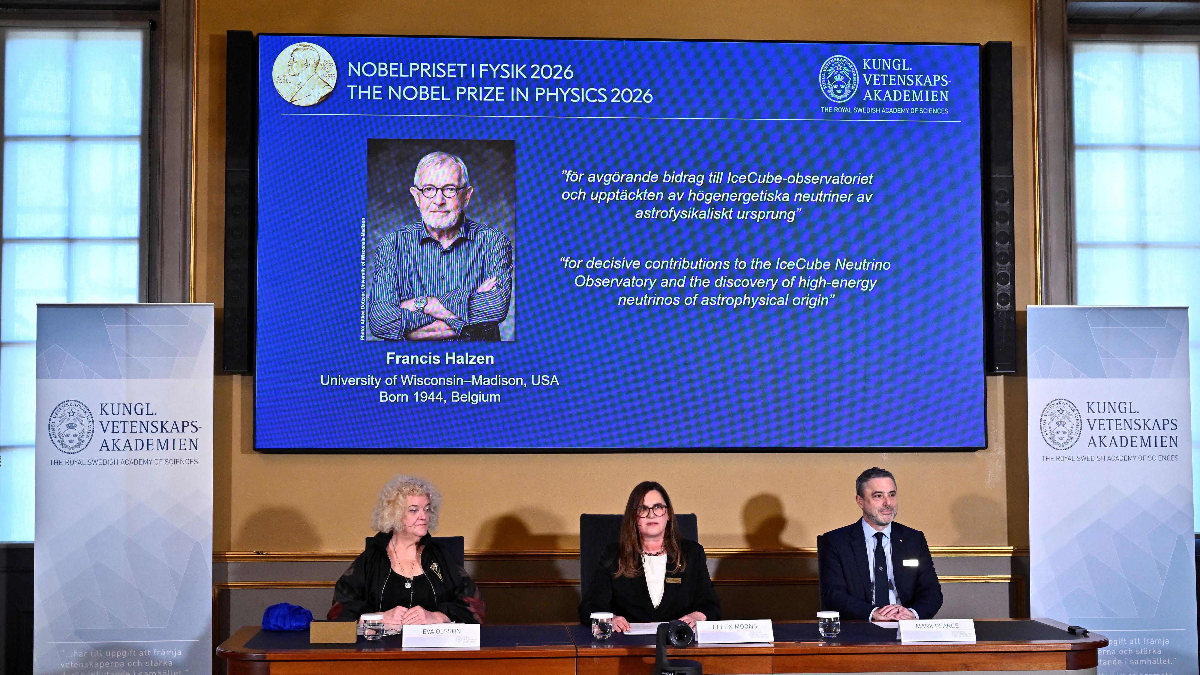 Eva Olsson, Ellen Moons, and Mark Pearce sit as they announce Francis Halzen as the recipient of the 2026 Nobel Prize in Physics during a press conference at the Royal Swedish Academy of Sciences in Stockholm, Sweden, October 6, 2026. TT News Agency/Christine Olsson via REUTERS      ATTENTION EDITORS - THIS IMAGE WAS PROVIDED BY A THIRD PARTY. SWEDEN OUT. NO COMMERCIAL OR EDITORIAL SALES IN SWEDEN. NO RESALES. NO ARCHIVES.