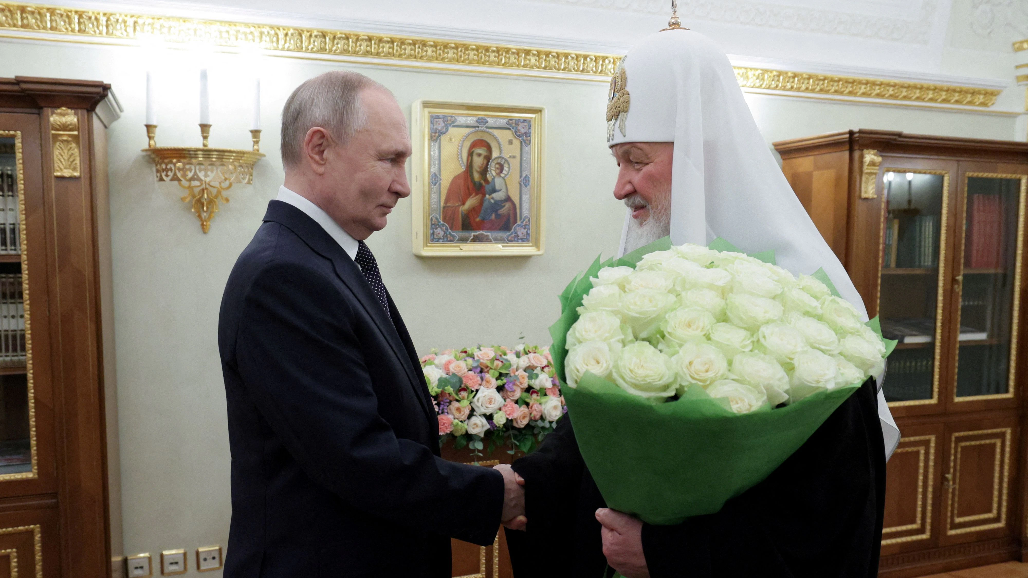 Russian President Vladimir Putin congratulates Patriarch Kirill of Moscow and All Russia on the 16th anniversary of his enthronement, in Moscow, Russia February 1, 2025. Sputnik/Gavriil Grigorov/Pool via REUTERS ATTENTION EDITORS - THIS IMAGE WAS PROVIDED BY A THIRD PARTY. REFILE - CORRECTING YEAR FROM "2024" TO "2025".