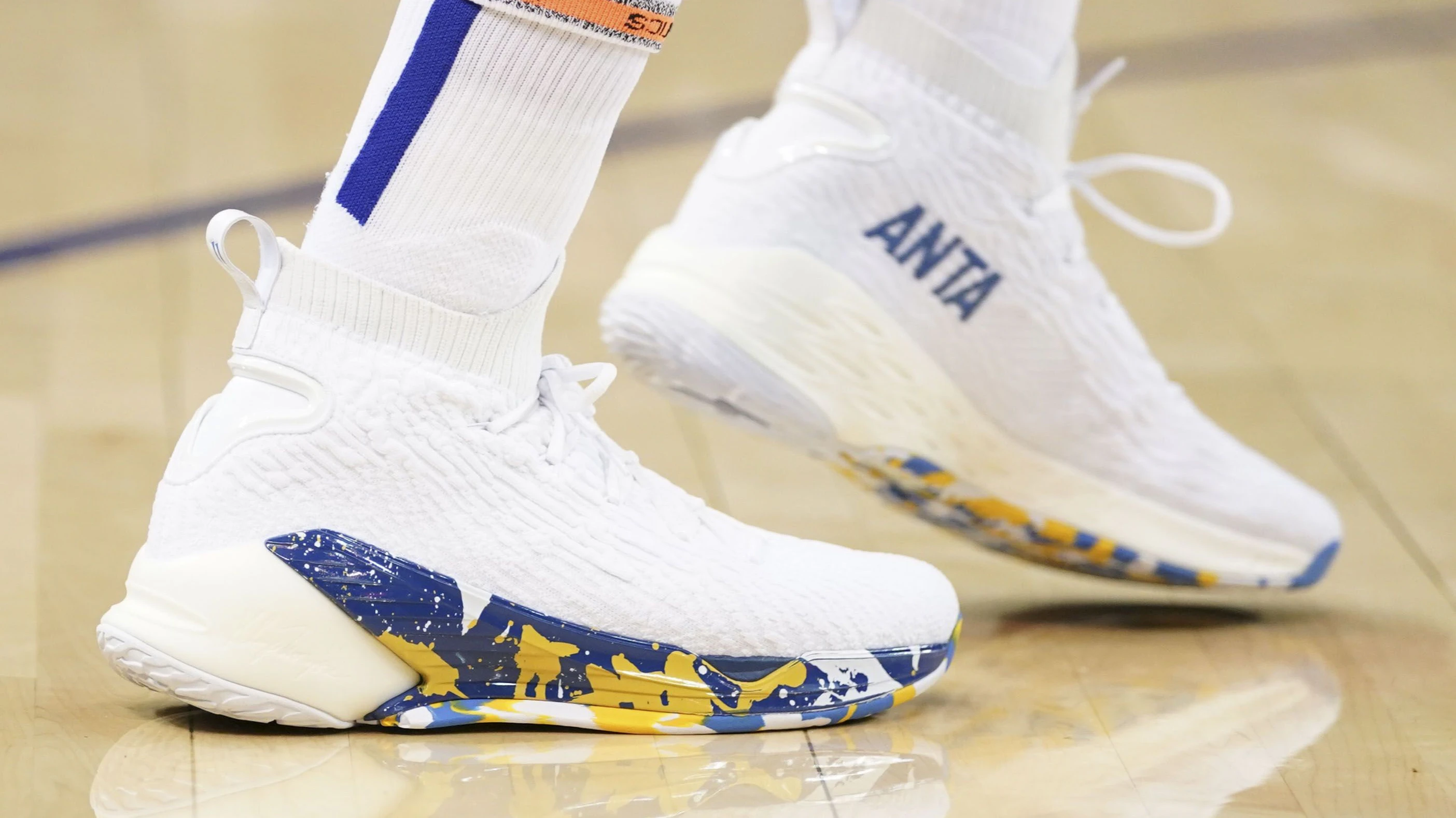 April 2, 2019; Oakland, CA, USA; Detail view of Anta shoes worn by Golden State Warriors guard Klay Thompson (11) during the third quarter against the Denver Nuggets at Oracle Arena. Mandatory Credit: Kyle Terada-USA TODAY Sports
