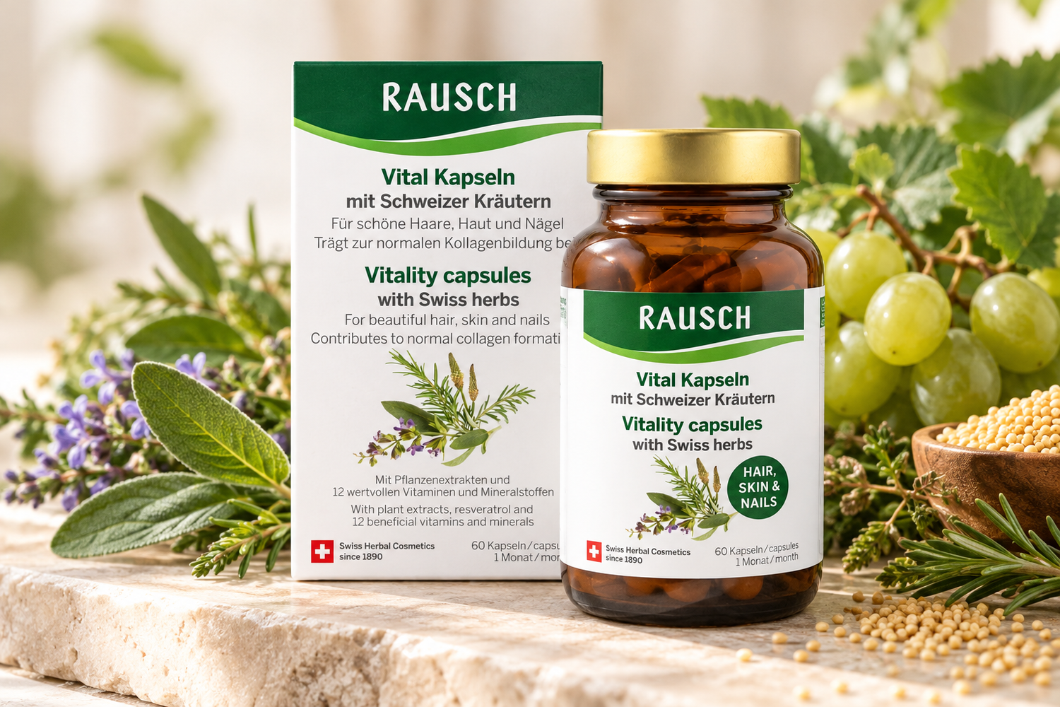 Die neuen RAUSCH Vital Kapseln mit Schweizer Kräutern vereinen wertvolle Vitamine und Mineralstoffe für schöne Haut, Haare und Nägel.