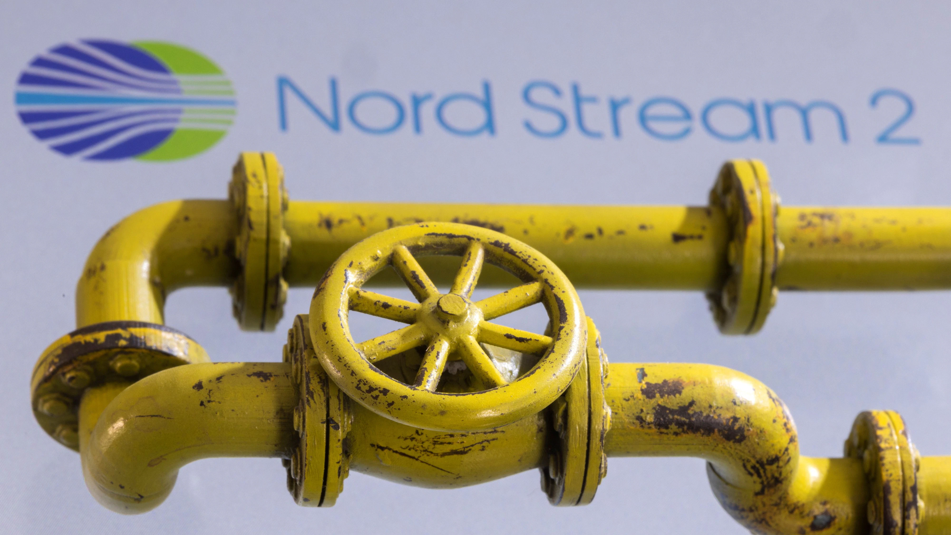 3D printed Natural Gas Pipes are placed on displayed Nord Stream 2 logo in this illustration taken, January 31, 2022. REUTERS/Dado Ruvic/Illustration