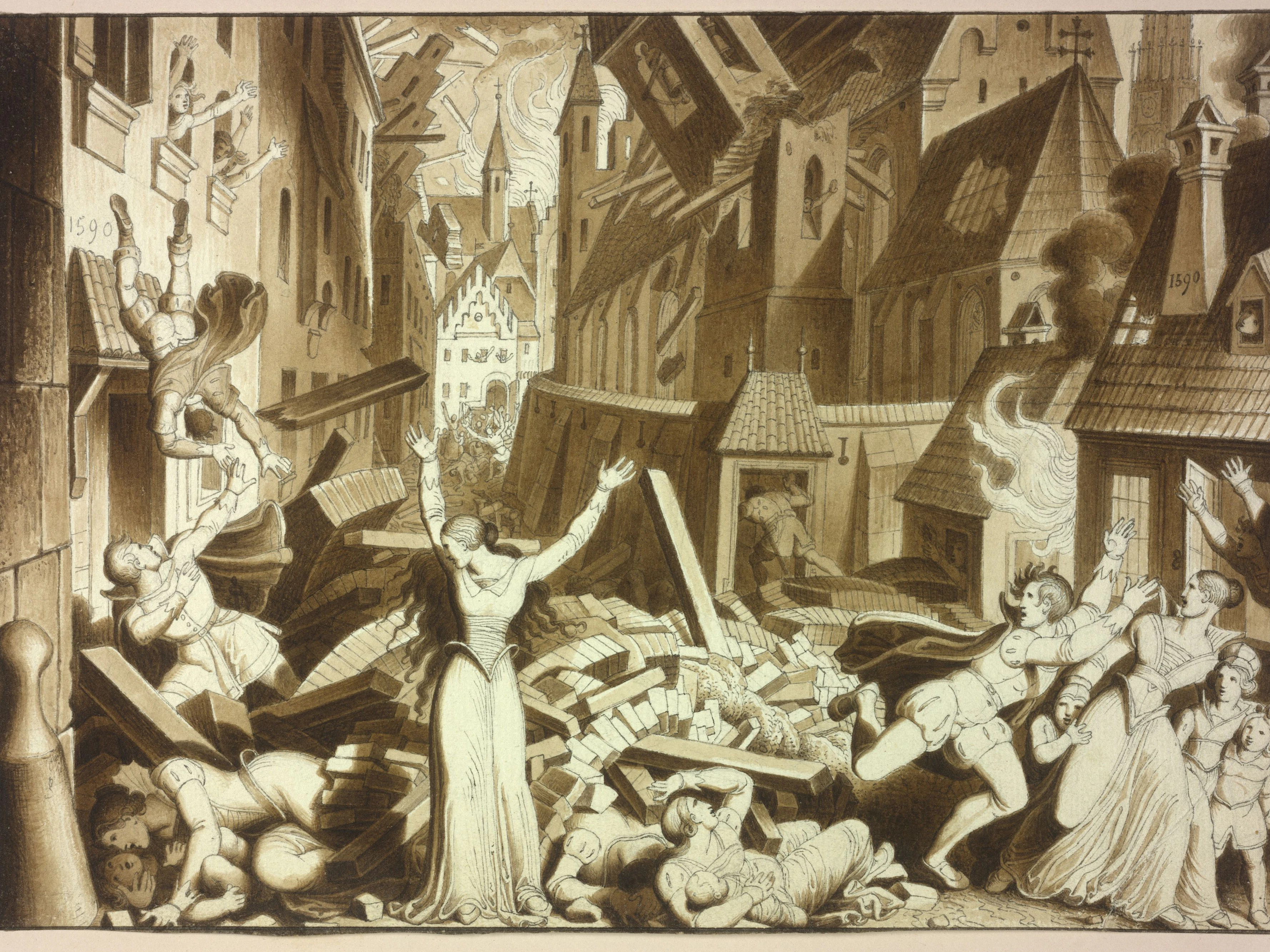 "Das furchtbare Erdbeben in Wien im Jahre 1590": Feder- und Pinselzeichnung in Braun mit Weißhöhungen über Bleistift von Karl Ruß Blatt 141 aus dem Zyklus "Bilder zur Geschichte von Wien". Die 149 Zeichnungen entstanden zwischen 27. Jänner 1826 und 12. Dezember 1832.