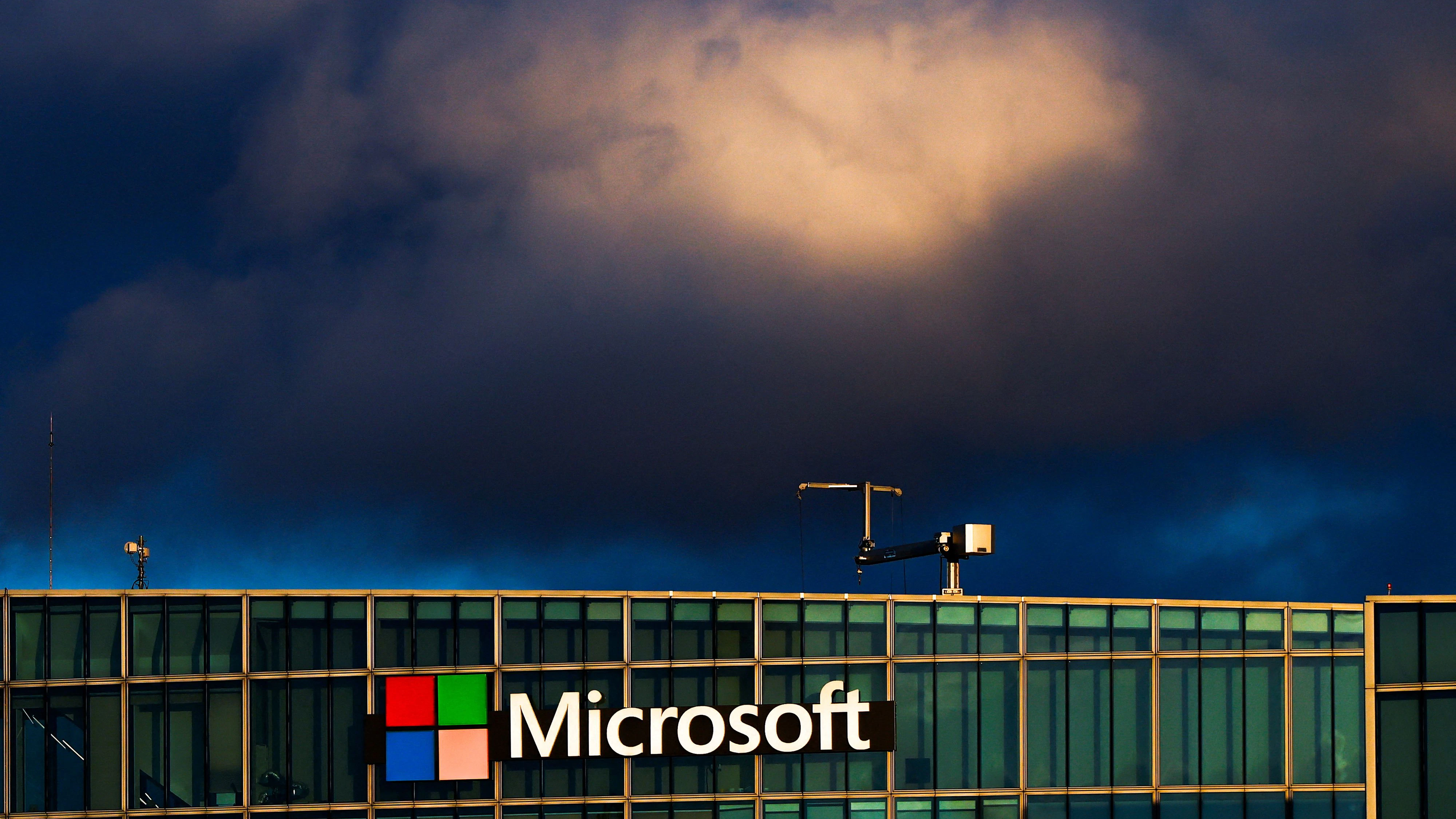 A view shows a Microsoft logo at Microsoft offices in Issy-les-Moulineaux near Paris, France, January 9, 2025. REUTERS/Gonzalo Fuentes 