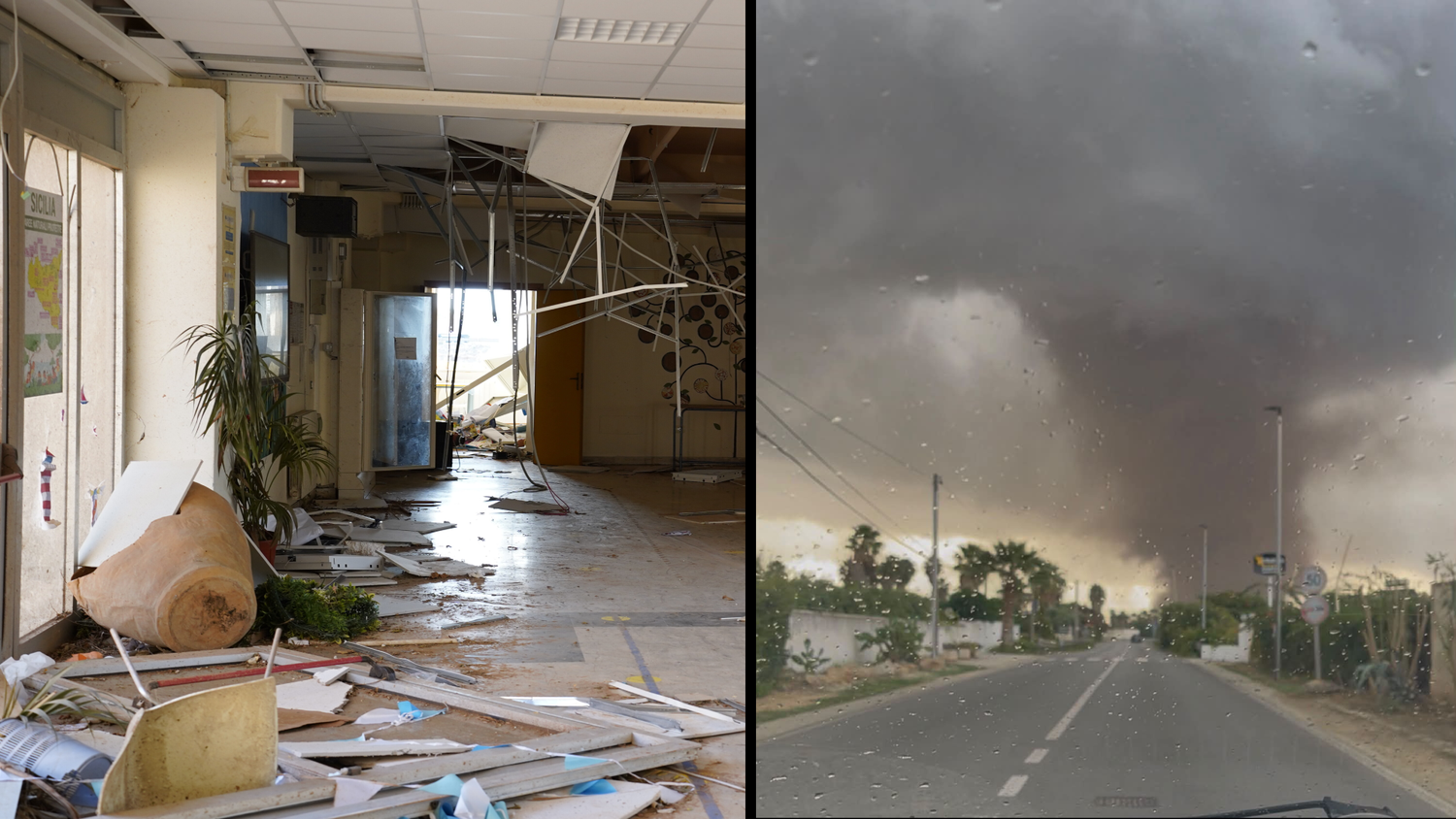 Zwei Tornados wüteten bei Marsala auf Sizilien, einer verwüstete eine Schule (l.) mitten im Unterricht