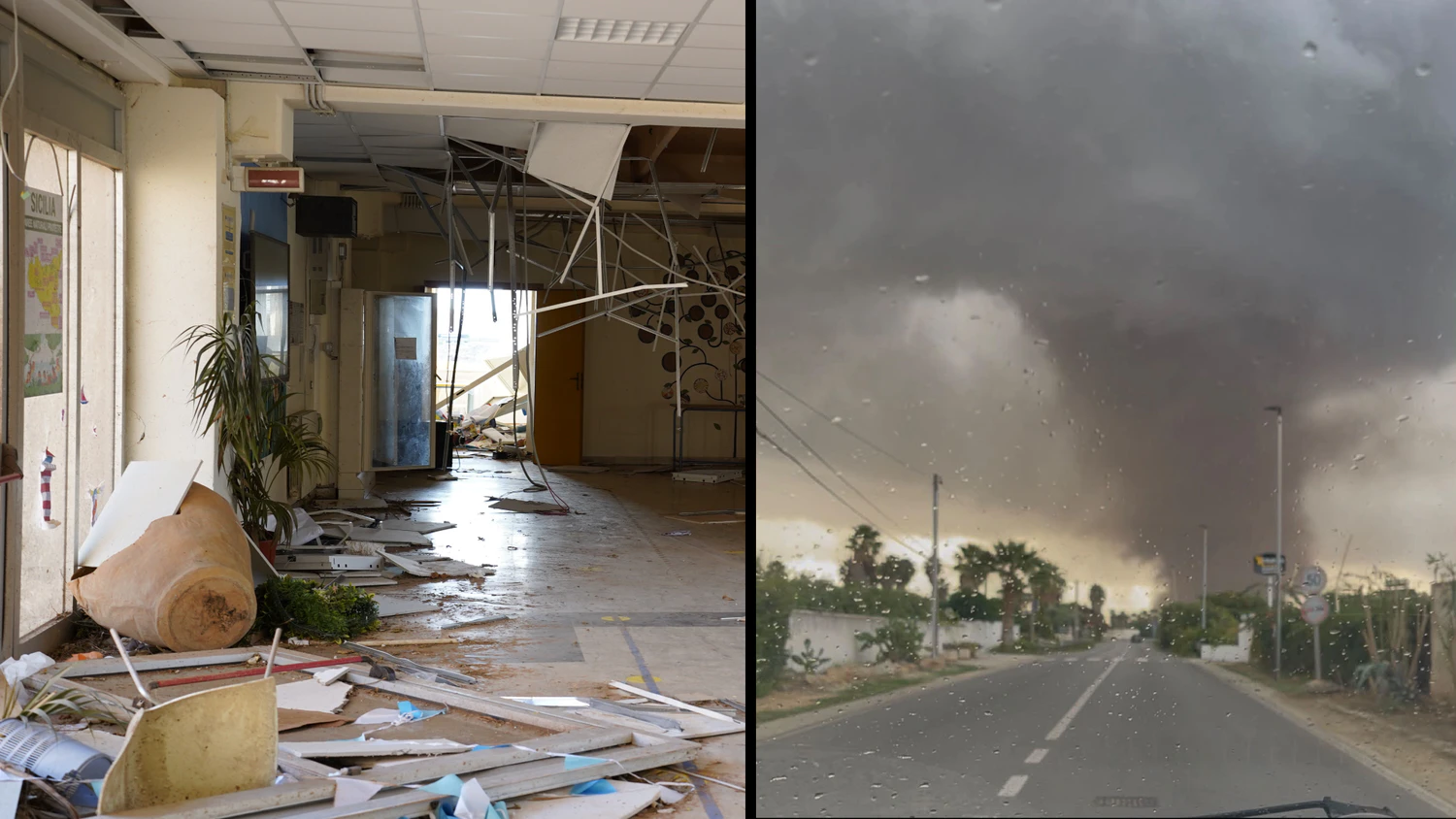 Zwei Tornados wüteten bei Marsala auf Sizilien, einer verwüstete eine Schule (l.) mitten im Unterricht