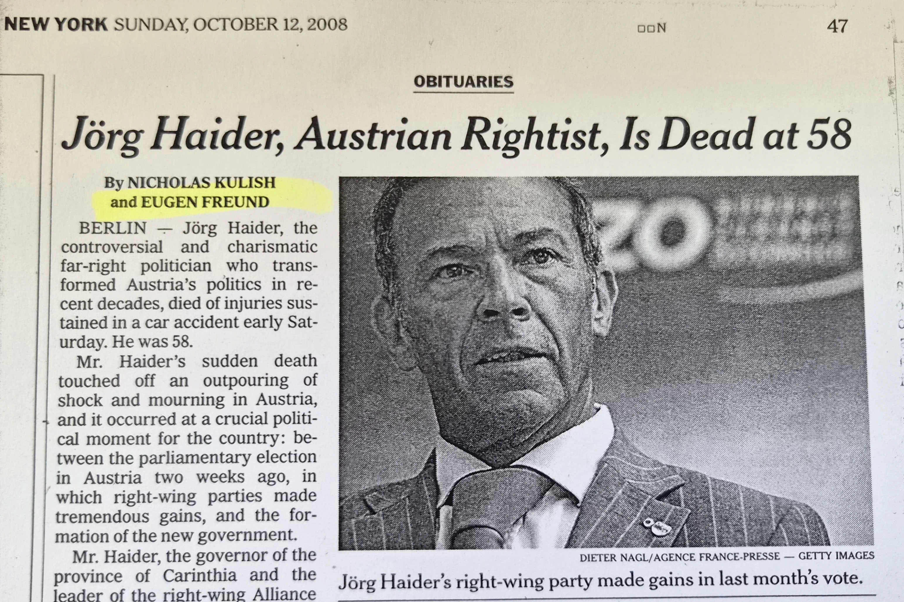 Anlässlich eines Nachrufs auf den tödlich verunglückten Kärntner Landeshauptmann kam Eugen Freund sogar zu Reporter-Ehren für die "NYT"