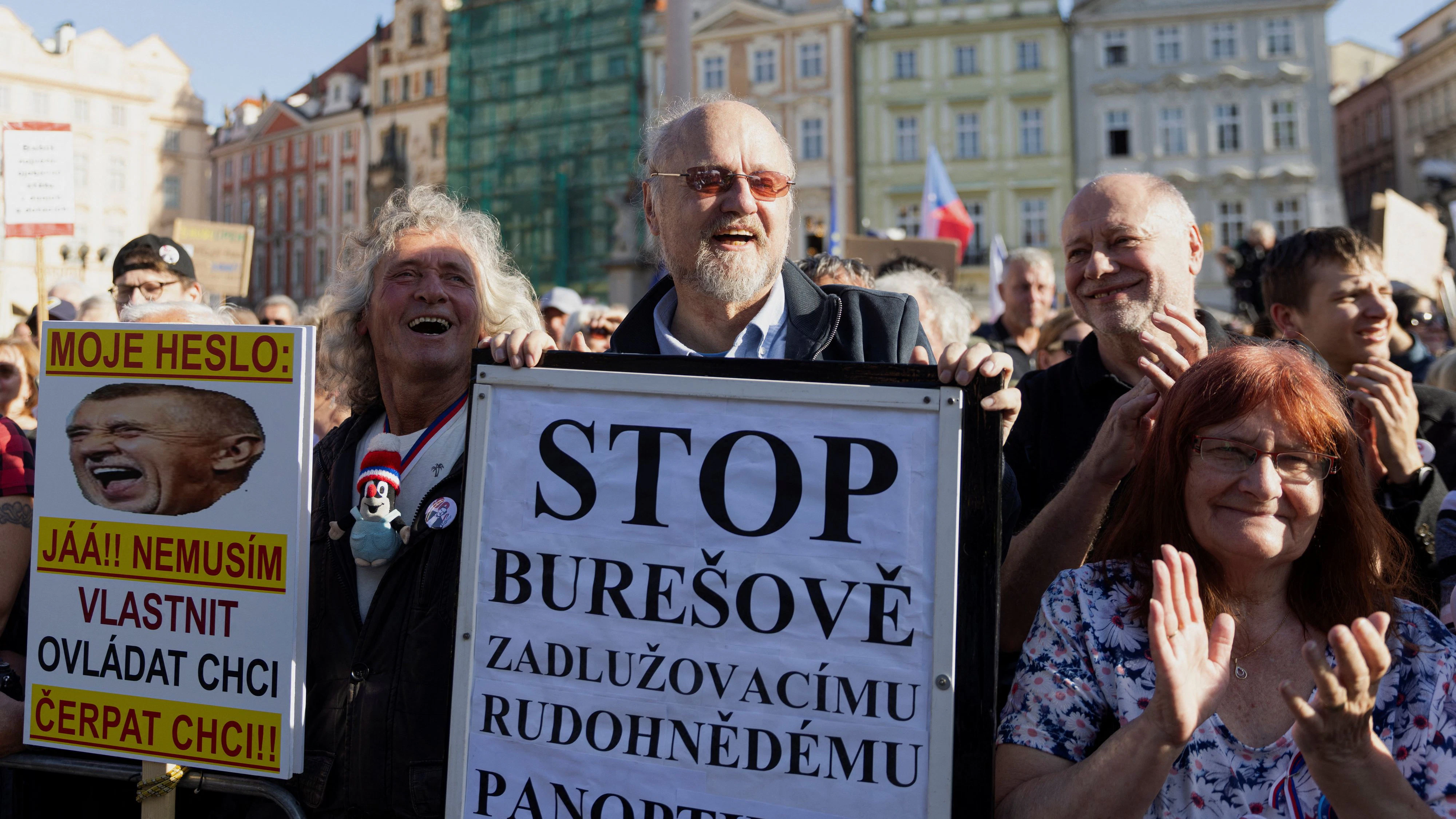 Demonstrators take part in an anti-government protest rally organised by the civic group Million Moments for Democracy on Czech Statehood Day and ahead of a Senate election, in Prague, Czech Republic, September 28, 2026. REUTERS/Eva Korinkova