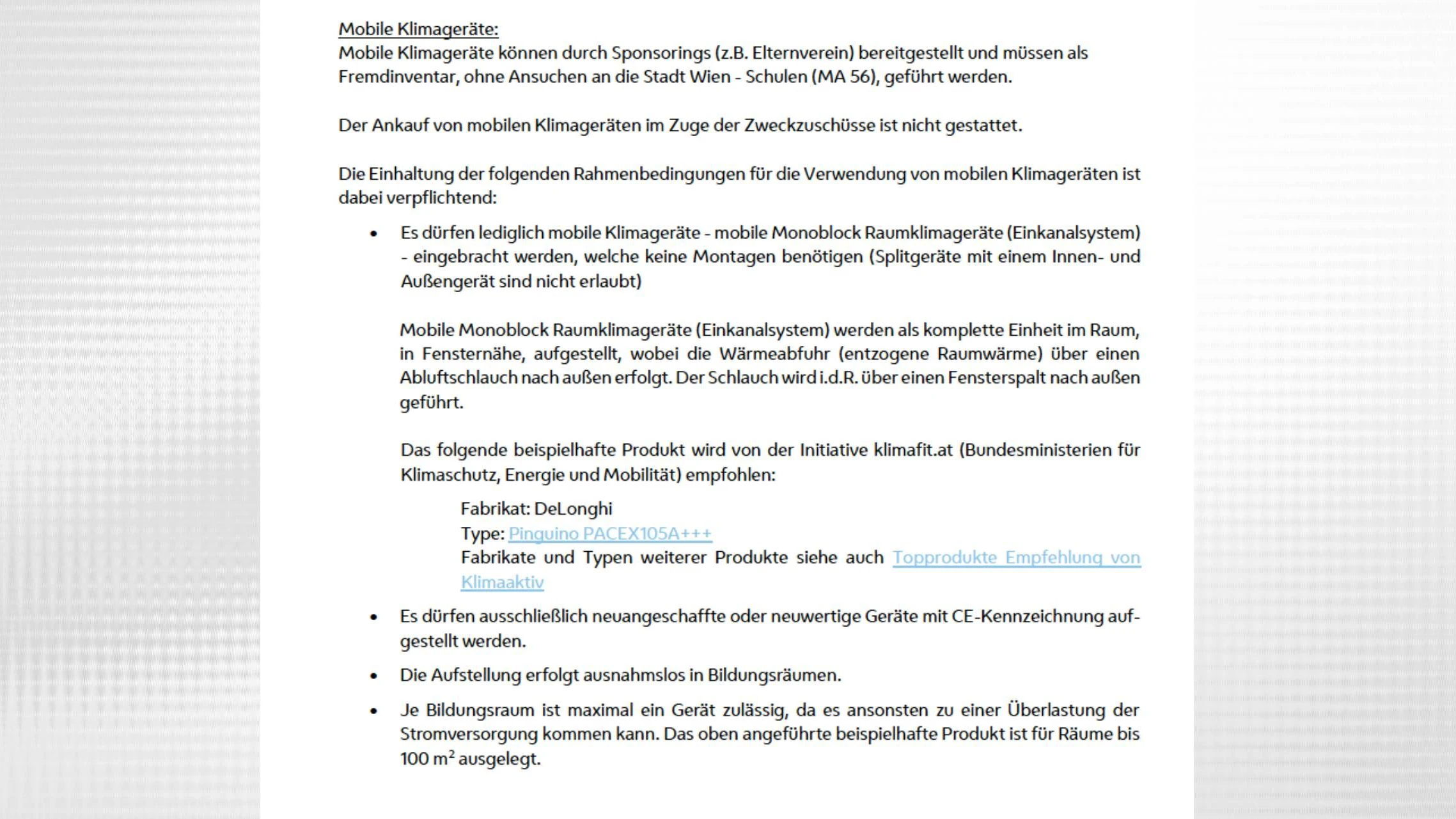 Im Leitfaden der MA 56 werden die Vorschriften für mobile Klimageräte genau erläutert.