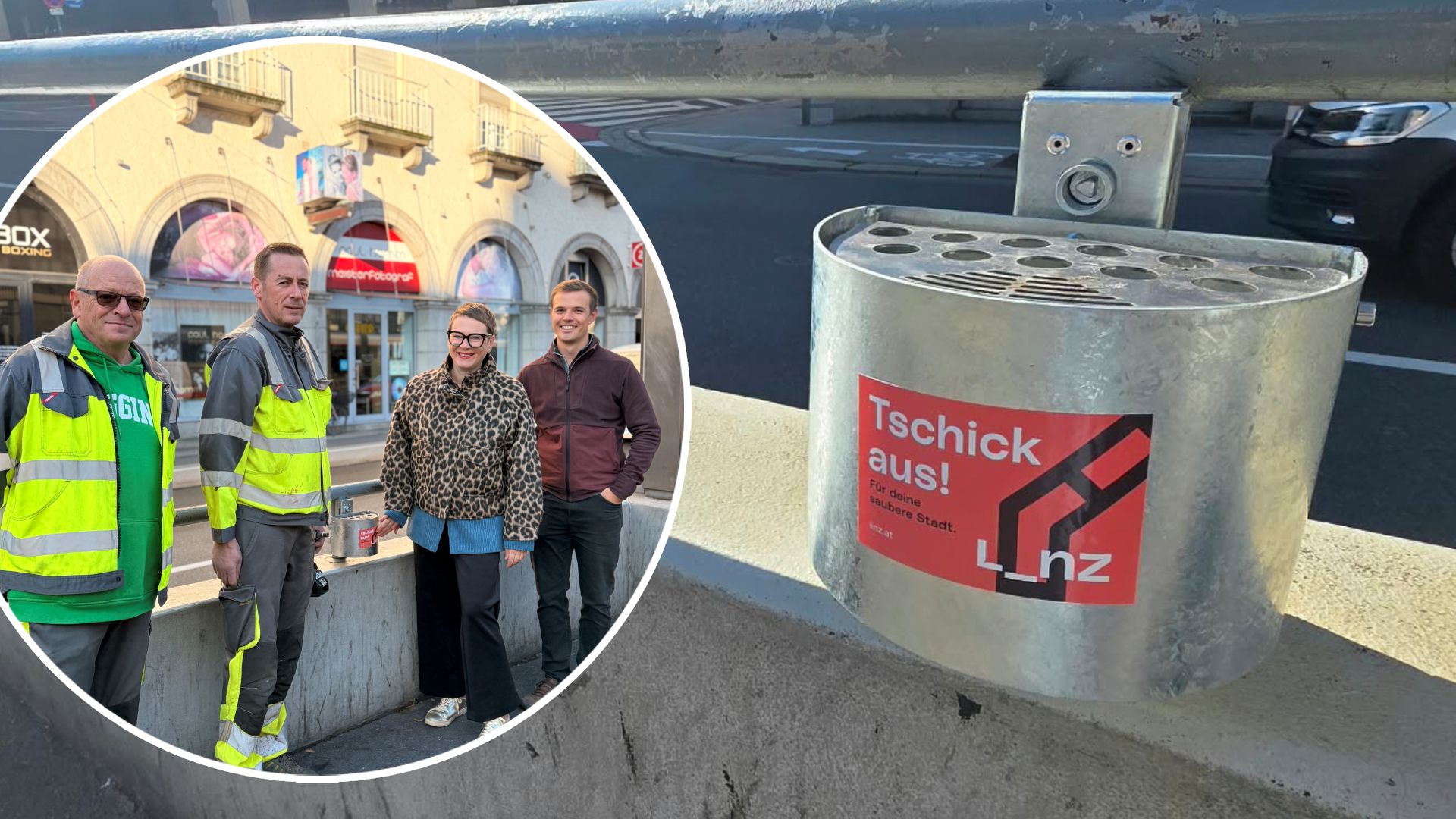 Umweltstadträtin Eva Schobesberger, Roman Minke, Abteilungsleiter Stadtreinigung, und ein Teil des Team des Geschäftsbereichs Stadtgrün und Straßenbetreuung bei der Montage eines neuen Aschenbechers an der Haltestelle Rudolfstraße