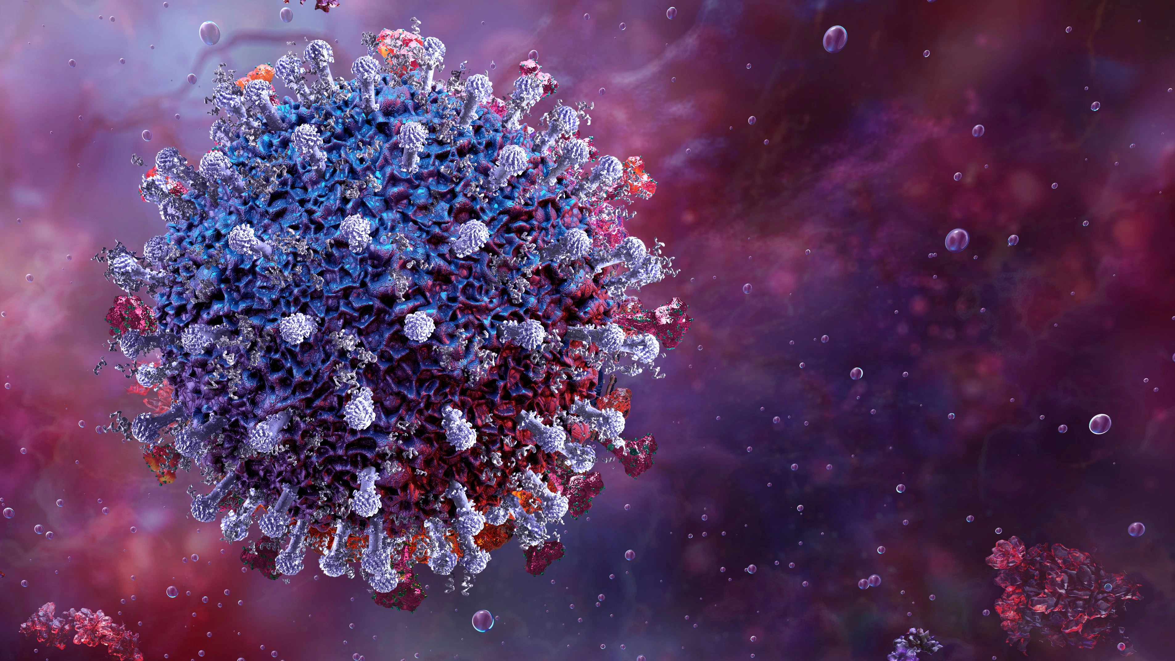 COVID-19 virus, microscopic pathogen, coronavirus Stratus variant, SARS-CoV-2 3D illustration. Detailed medical and scientific visualization for healthcare, pandemic disease research, virology studies, health education, medical science blogs, and public health awareness projects