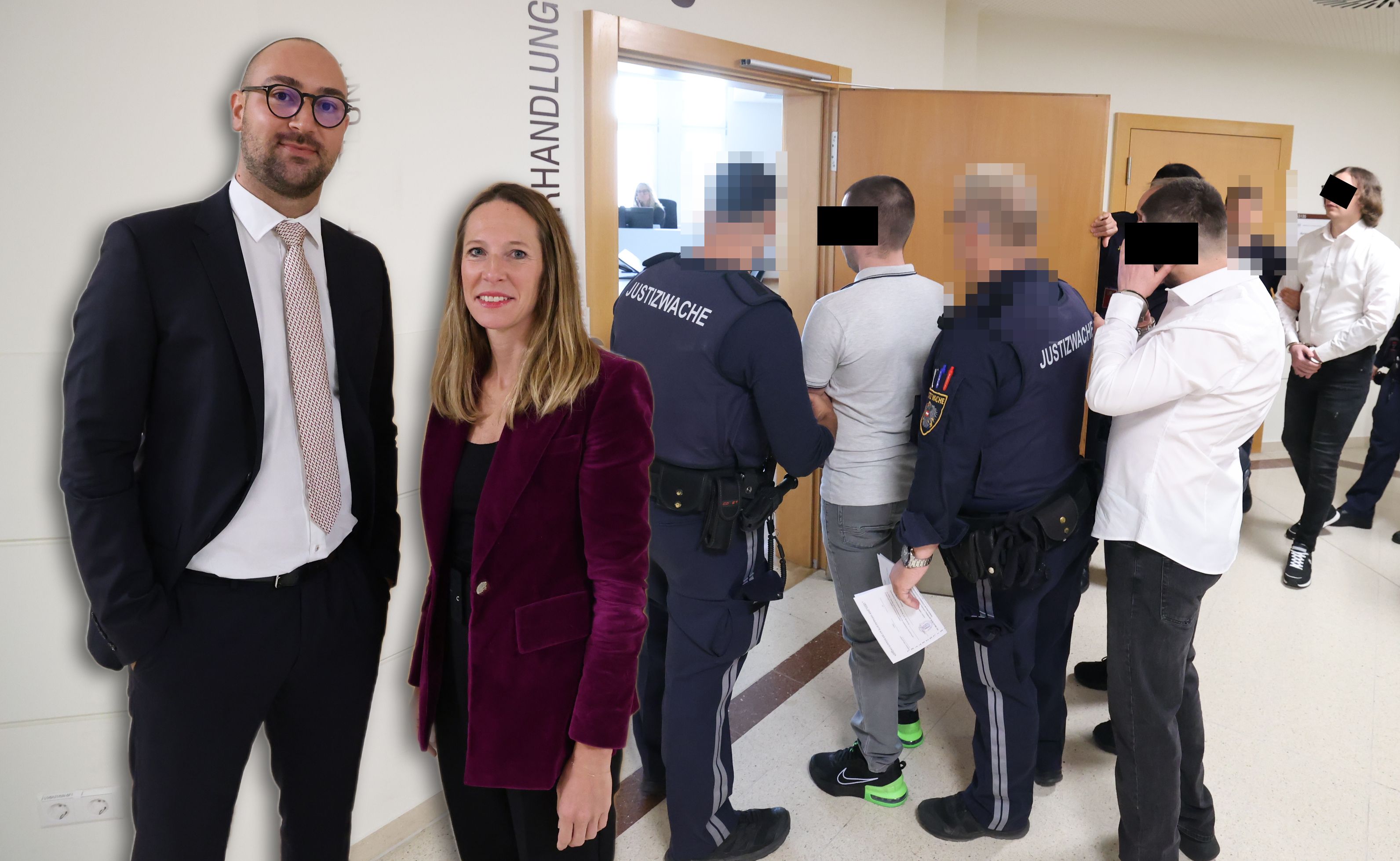 Michael Babic mit Bettina Caspar-Bures; die Verdächtigen, darunter der mutmaßliche Bandenboss ganz rechts, am Weg in den Gerichtssaal.
