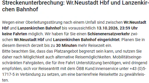 Streckenunterbrechung: Wr.Neustadt Hbf und Lanzenkirchen Bahnhof