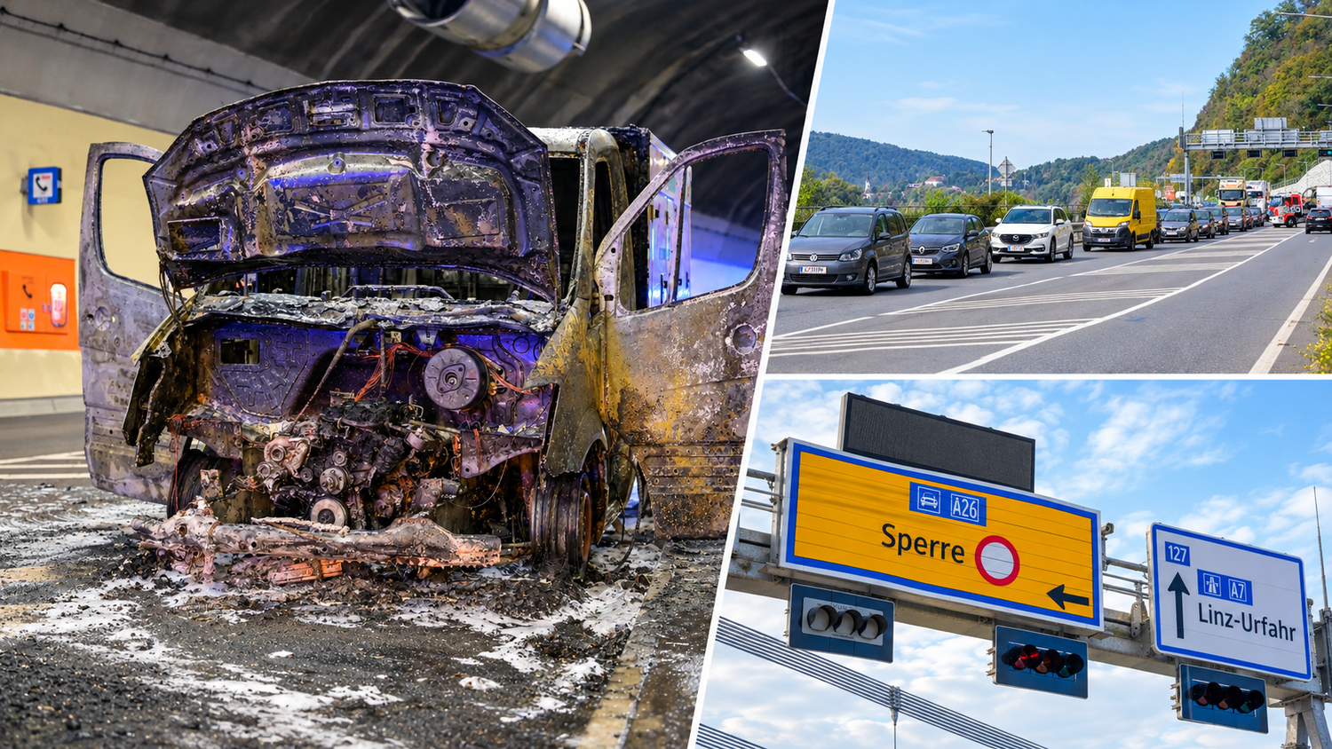 Der Transporter brannte völlig aus. Wegen der Tunnelsperre kam es zu umfangreichen Behinderungen.