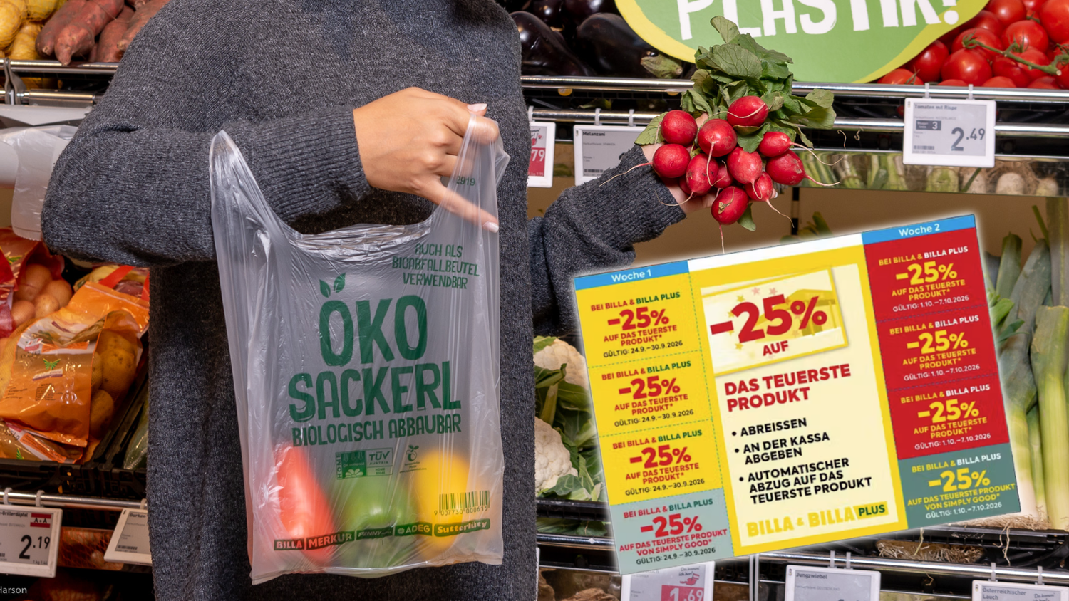 Das 3-Cent-Sackerl wurde um 1 Cent rabattiert.