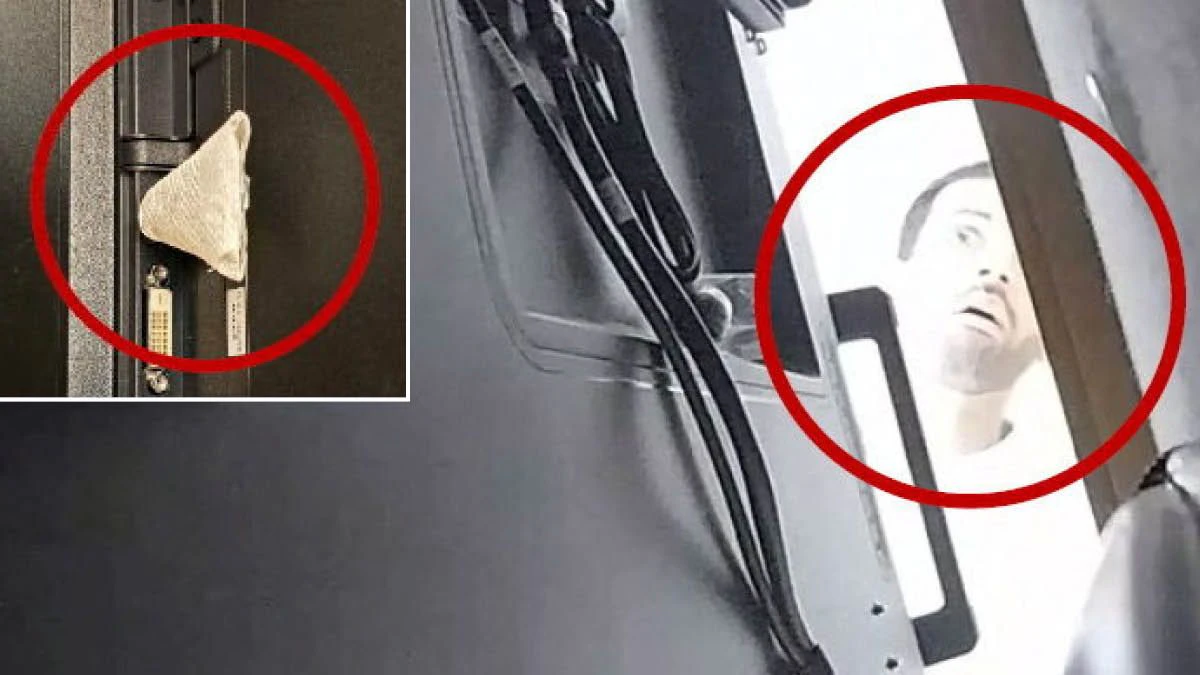 Auf Kamera erwischt! Der spionierende Mitarbeiter checkt die Rückseite des TV-Geräts. Kleiunes Foto: Die Wanze.