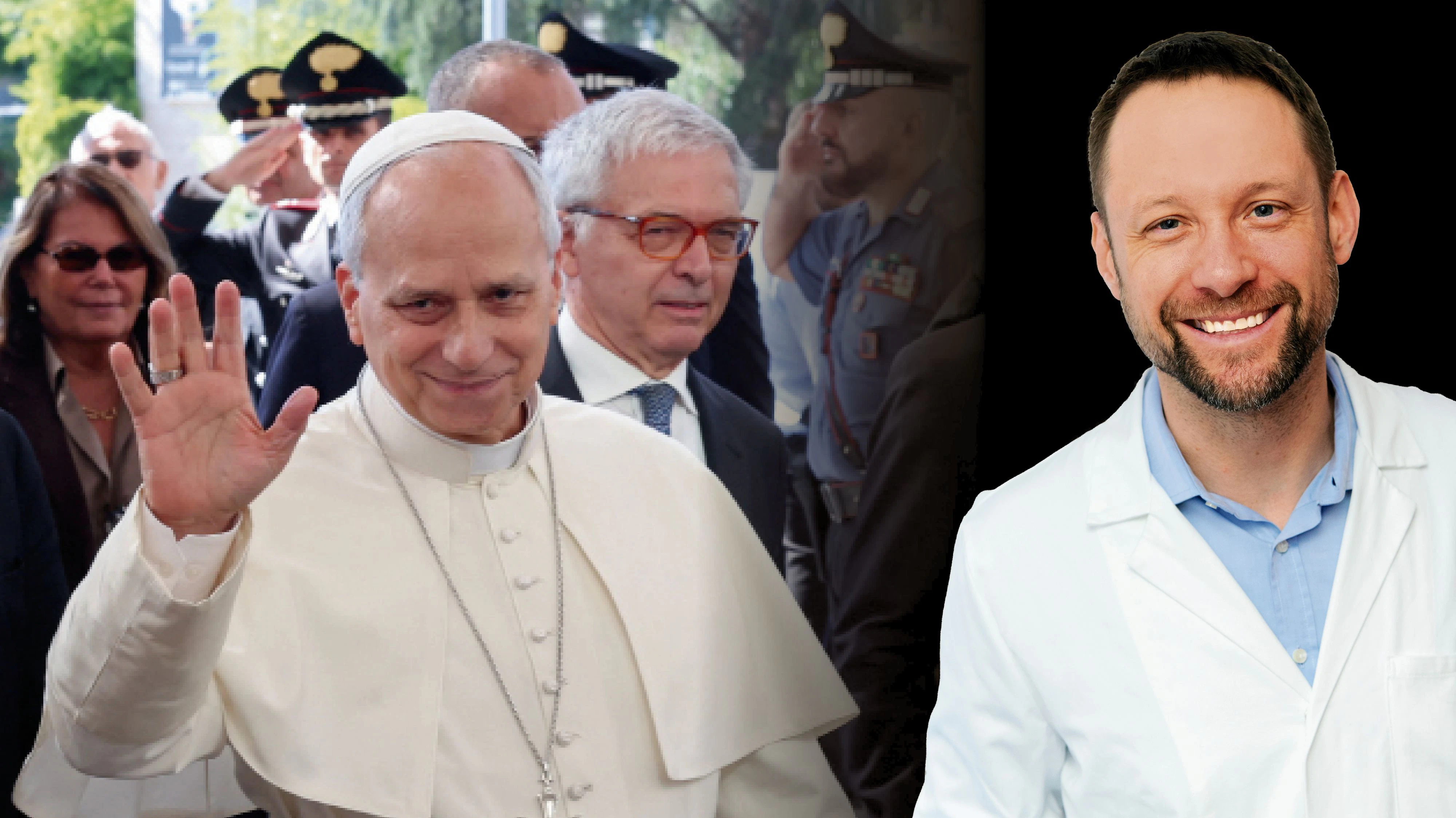 Papst Leo XIV. beim Eintreffen im Gemelli-Spital vor seiner Operation am Dienstag. Rechts: der Wiener Lungenexperte Georg-Christian Funk.