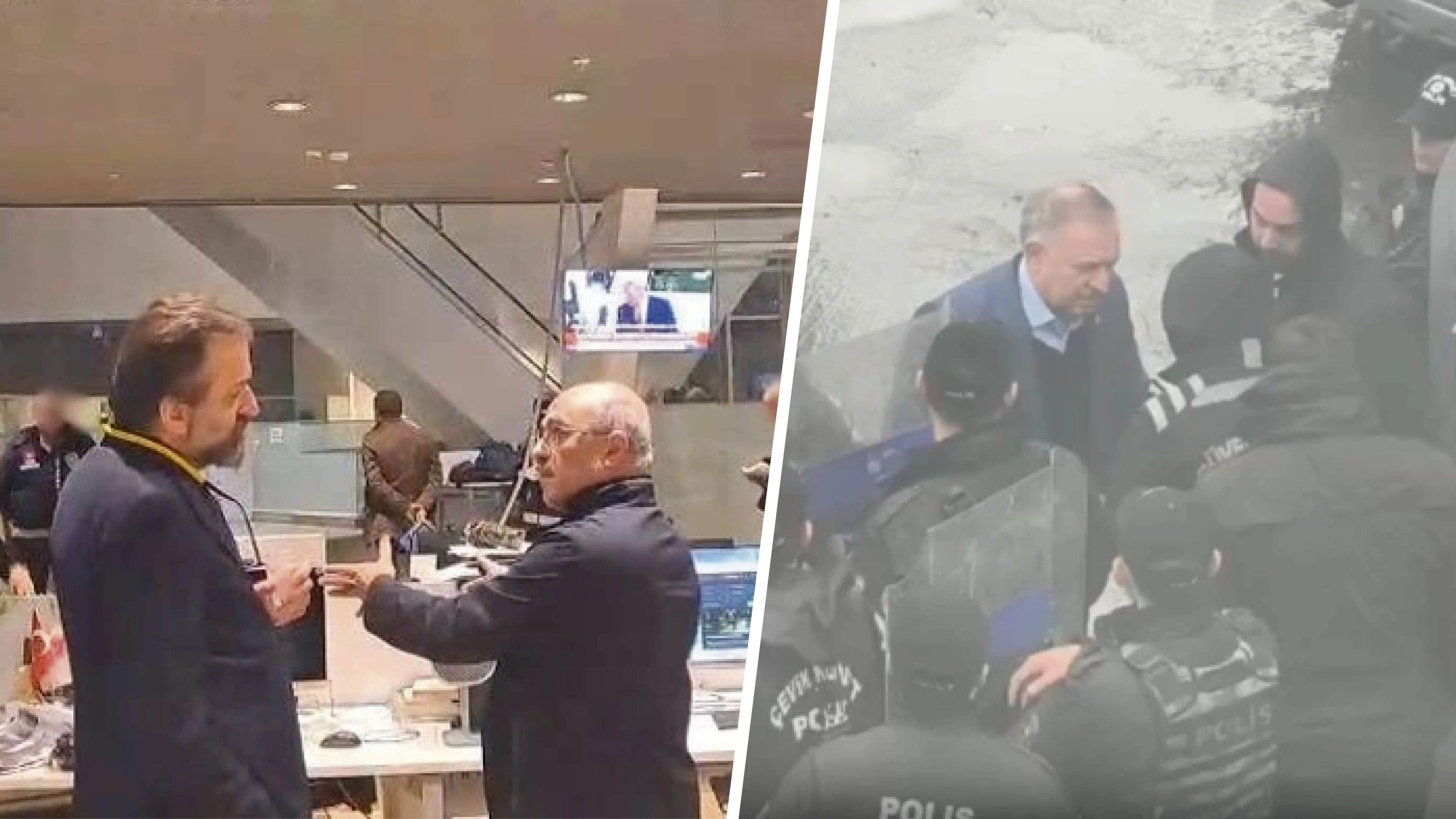 Halk-TV-Chefredakteur Suat Toktas diskutiert mit dem eingesetzten Zwangsverwalter. Die Polizei hat das Redaktionsgebäude umstellt und lässt niemanden hinein.