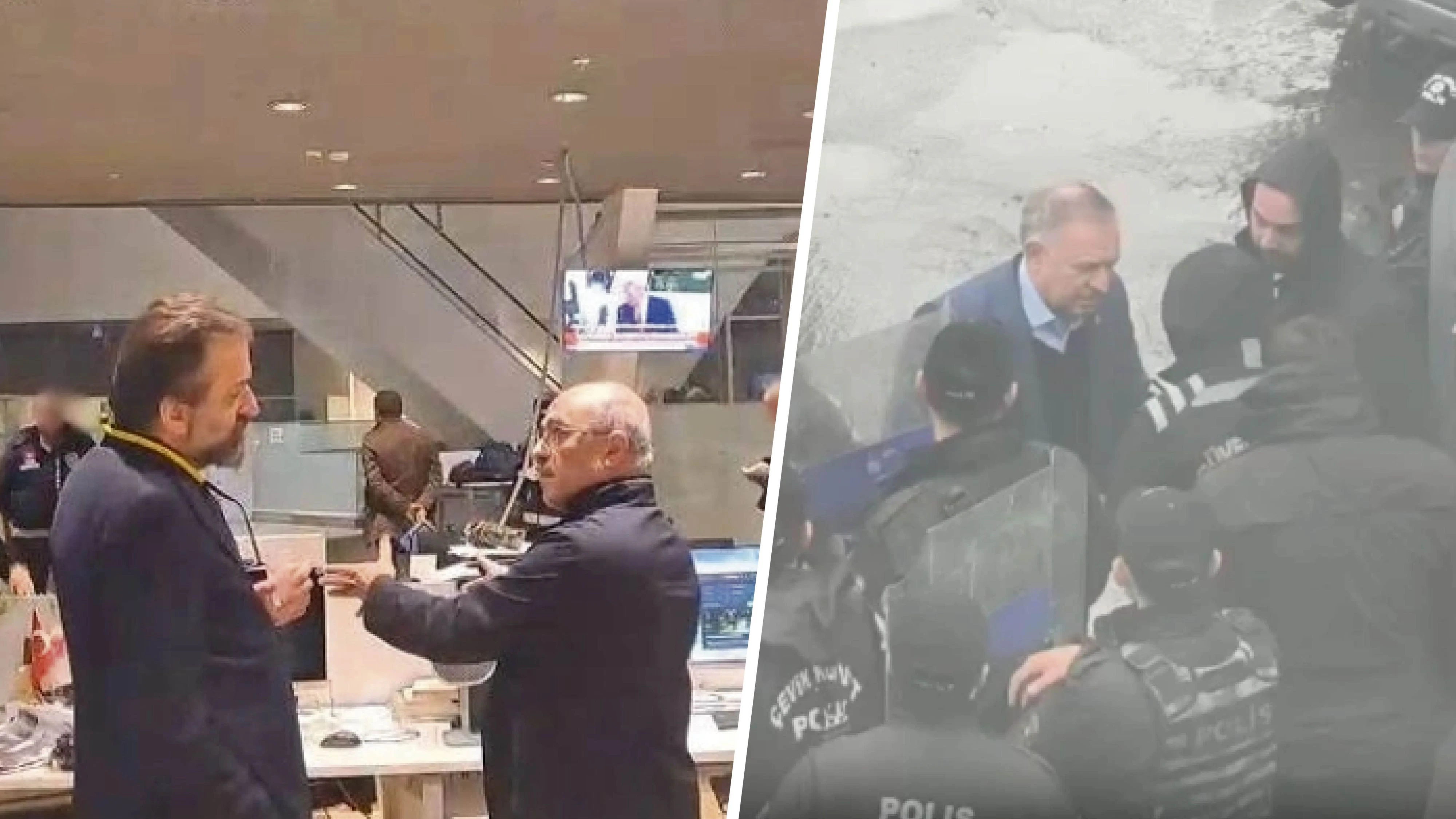 Halk-TV-Chefredakteur Suat Toktas diskutiert mit dem eingesetzten Zwangsverwalter. Die Polizei hat das Redaktionsgebäude umstellt und lässt niemanden hinein.