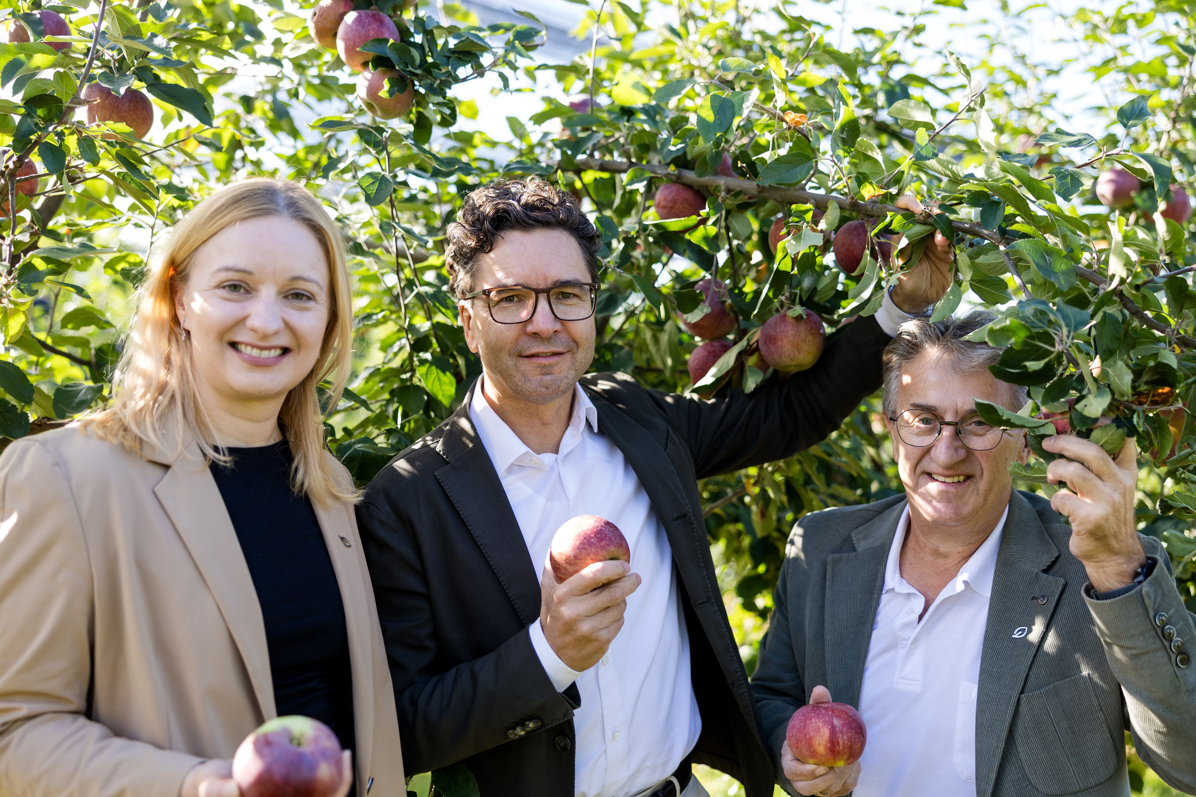 Hier wachsen echte Raritäten: Markus Kaser, stellvertretender Vorstandsvorsitzender von Spar Österreich, mit Katrin Hohensinner-Häupl und Manfred Hohensinner, Geschäftsführung von Frutura