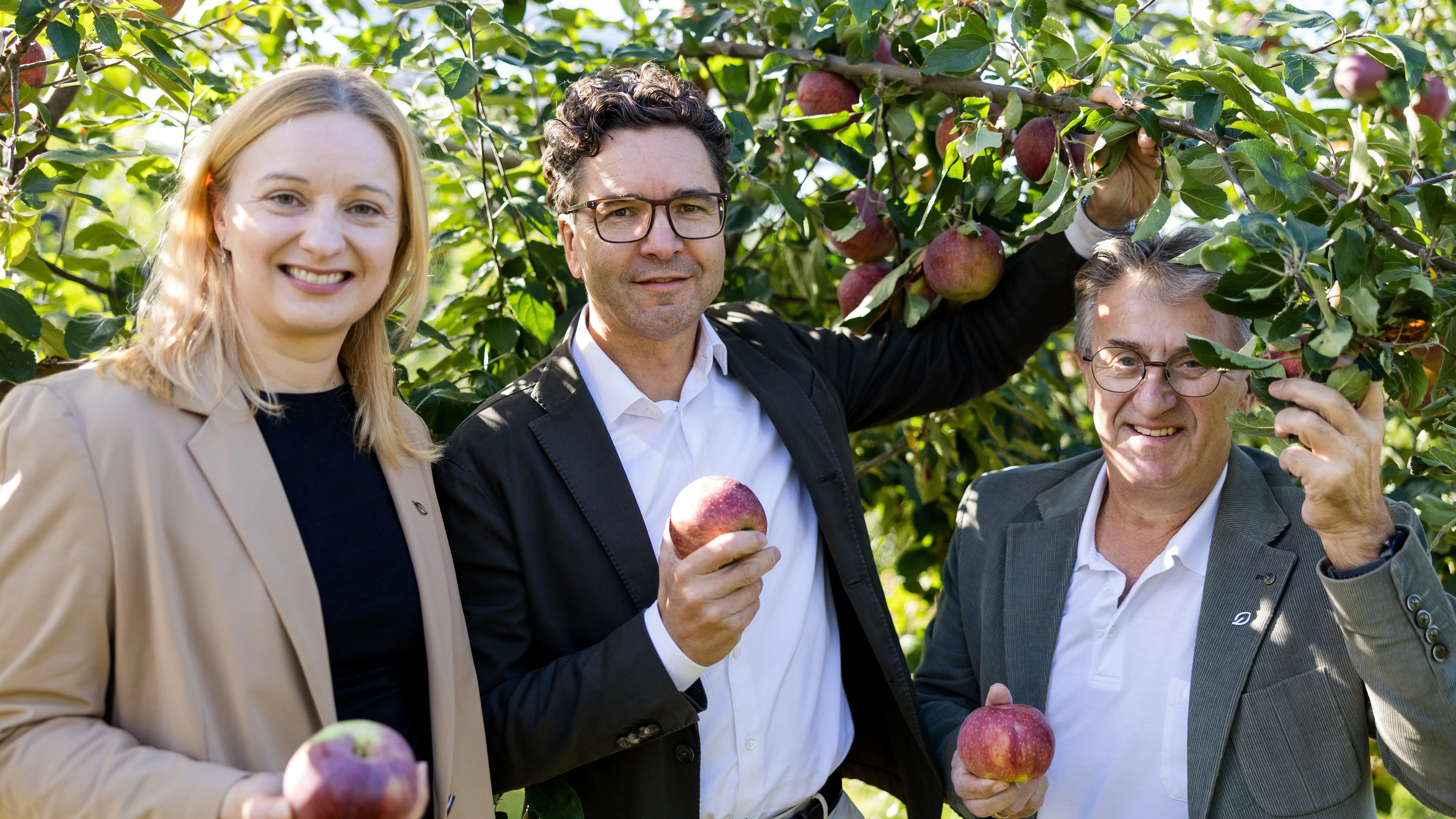 Hier wachsen echte Raritäten: Markus Kaser, stellvertretender Vorstandsvorsitzender von Spar Österreich, mit Katrin Hohensinner-Häupl und Manfred Hohensinner, Geschäftsführung von Frutura