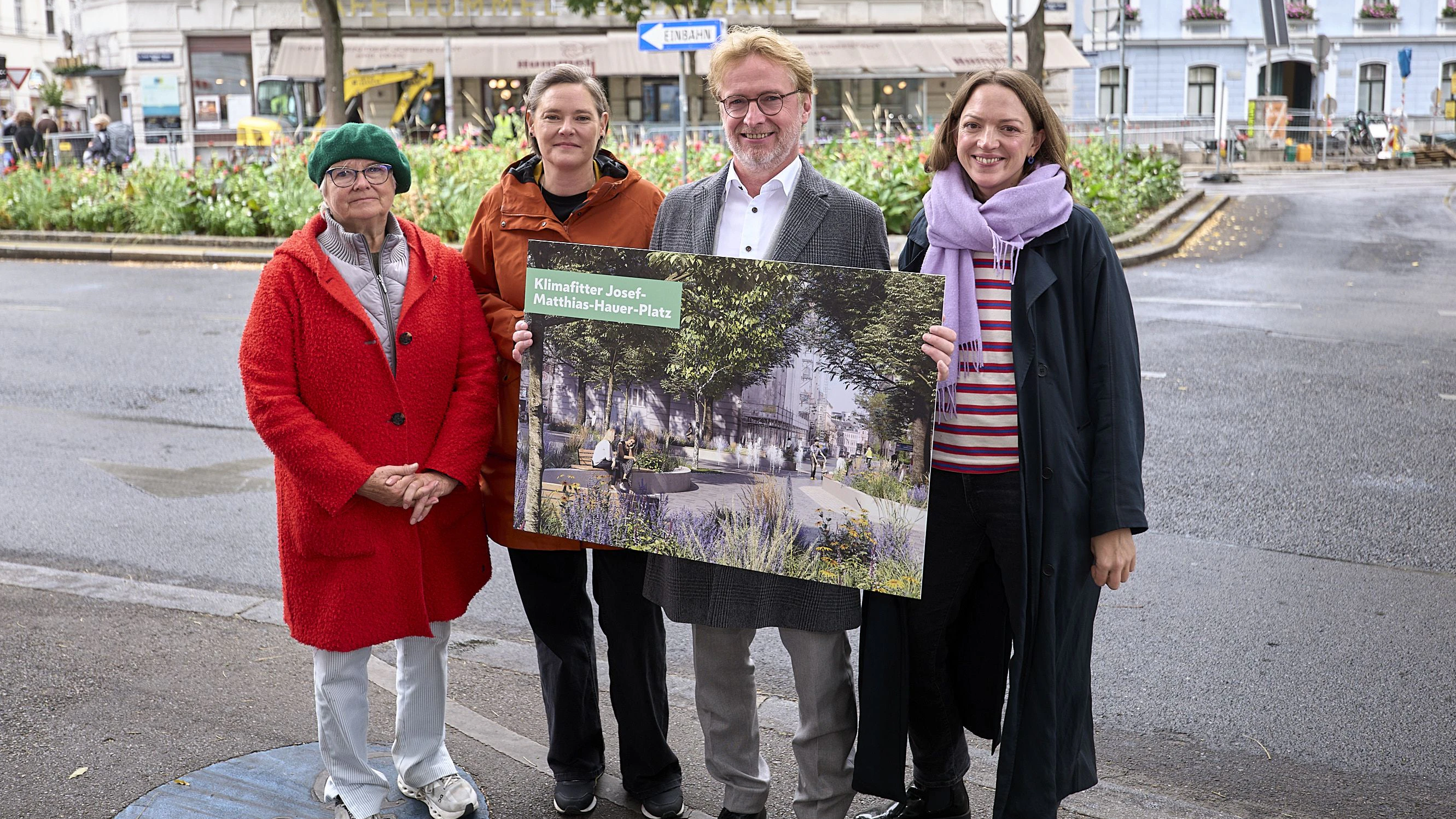 Medientermin zum Baustart des Josef-Matthias-Hauer Platzes mit 2. Bezirksvorsteher-Stellvertreterin Eva Krennbauer, Gemeinderätin Stefanie Vasold, Bezirksvorsteher Martin Fabisch und 1.Bezirksvorsteher-Stellvertreterin Lena Köhler.