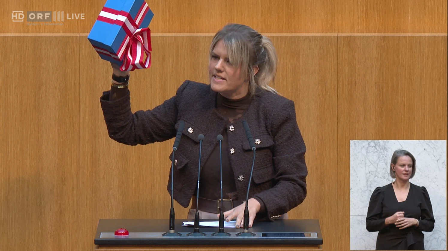 NEOS-Parlamentarierin Lisa Aldali überreichte der FPÖ ein "Geschenk".