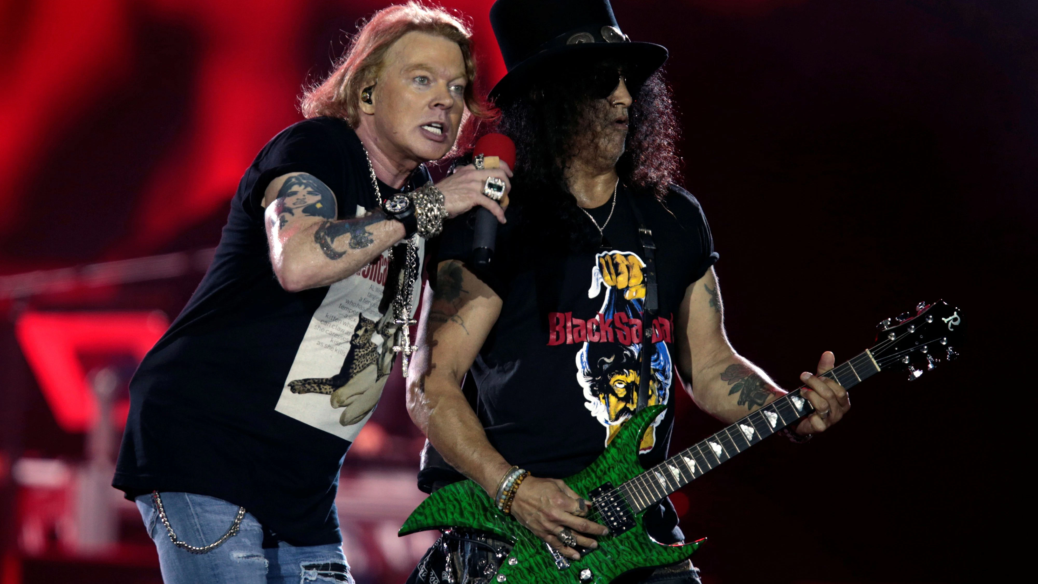 Axl Rose and Slash, lead singer and lead guitarist of U.S. rock band Guns N' Roses, perform during their "Not in This Lifetime... Tour" at the du Arena in Abu Dhabi, United Arab Emirates November 25, 2018. REUTERS/Christopher Pike