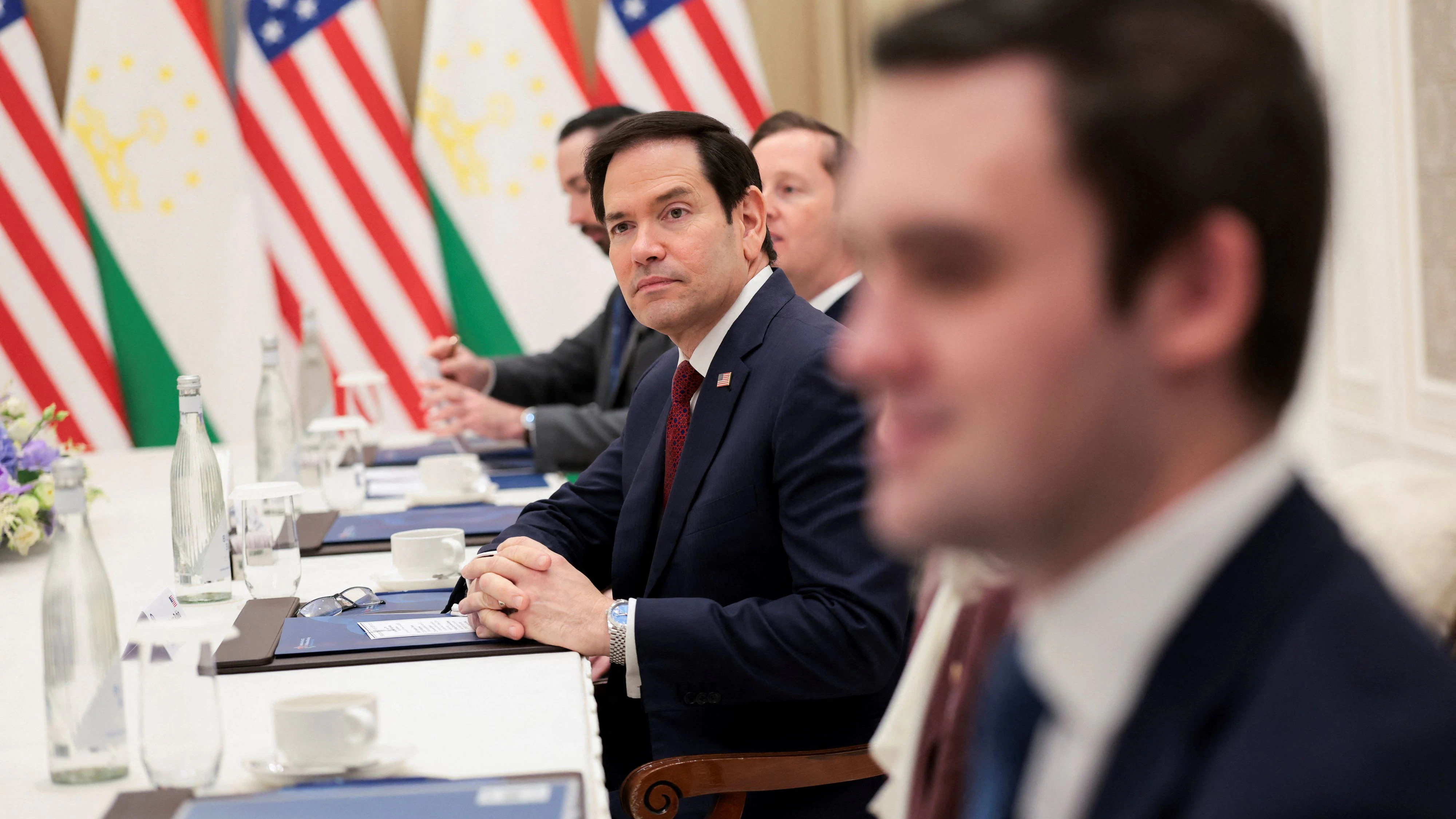US Secretary of State Marco Rubio attends a meeting with Tajikistan's Foreign Minister Sirojiddin Muhriddin (not pictured) at the Congress Center in Samarkand, Uzbekistan, October 19, 2026. REUTERS/Kylie Cooper/Pool 